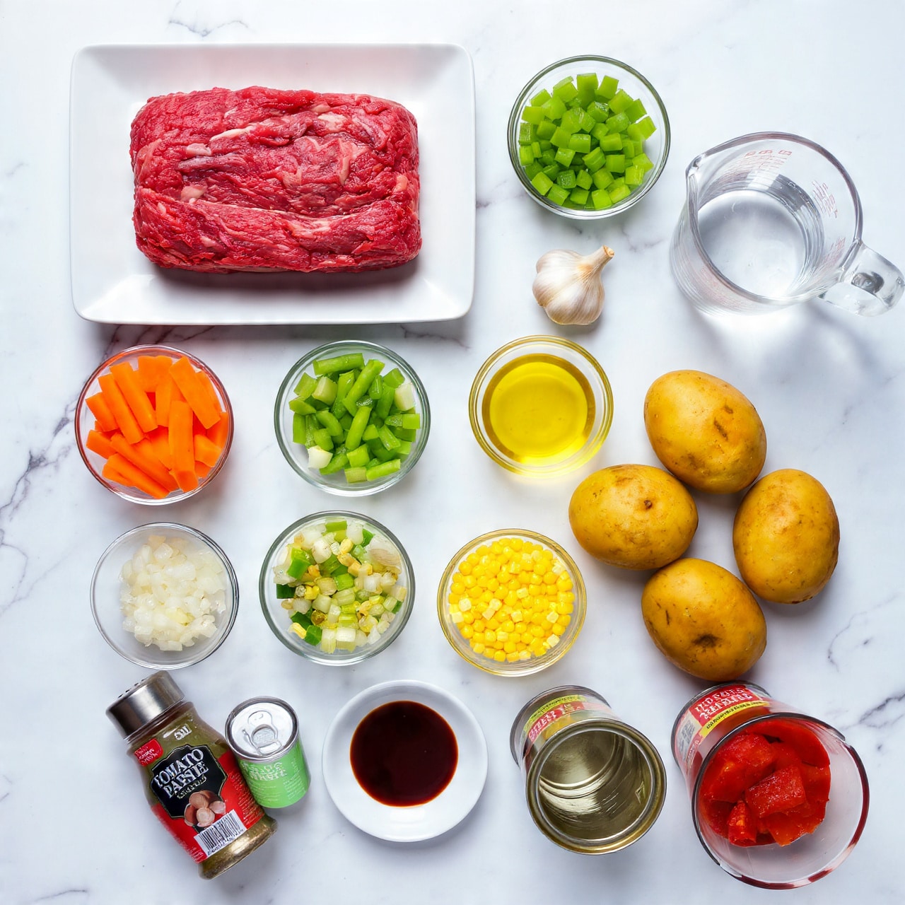The image shows raw ingredients laid out on a white marbled surface. Starting from the top left, there is a rectangular white plate holding a block of raw ground meat. Around it, there are small clear glass bowls holding sliced bright orange carrots, chopped pale green celery, diced white onions, and a mix of green beans and yellow corn. Three whole brown potatoes and a whole garlic bulb are placed nearby. A clear glass measuring cup filled with water and a small container of yellow oil rest next to the potatoes. There is also a small clear bowl with a reddish spice, a small white bowl with dark soy sauce, and two opened cans, one with a red tomato paste and another with diced tomatoes. A shaker jar labeled