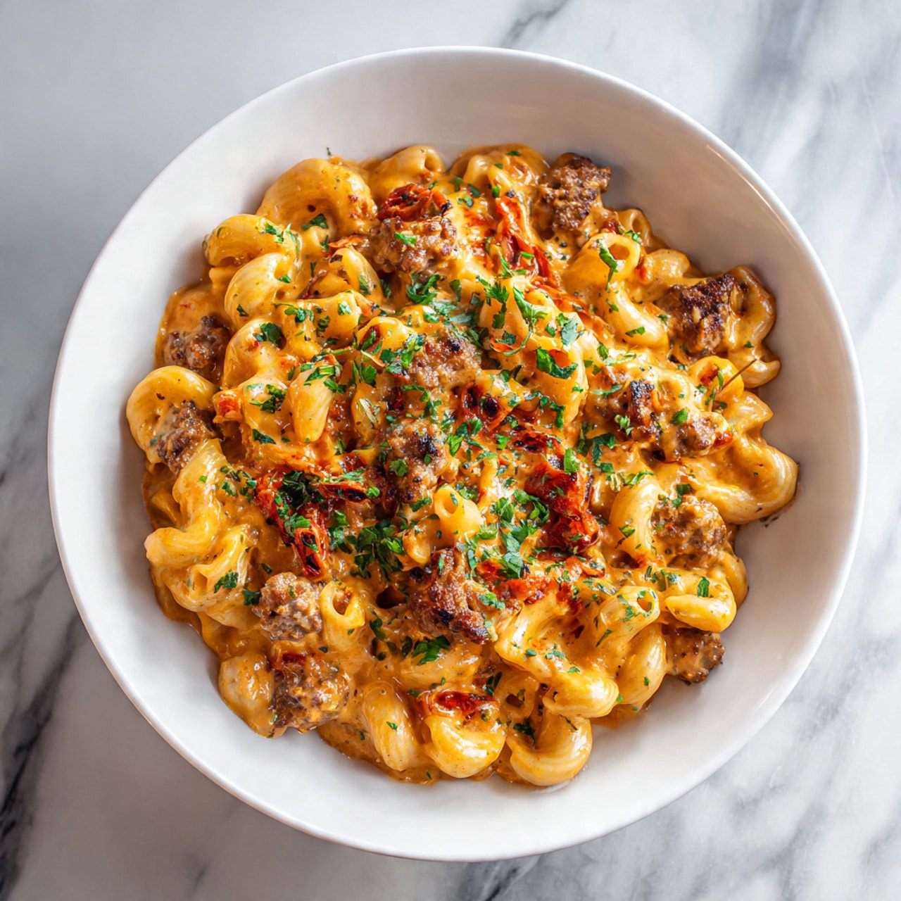 The image shows a deep white bowl filled with a creamy pasta dish. The pasta is small tube shapes coated in a smooth orange cheese sauce. Mixed throughout are browned sausage pieces and bits of tomato, adding a brown and red contrast. Fresh green chopped herbs are scattered on top, offering a fresh look. Steam rises lightly from the dish, showing it is hot and freshly cooked. The bowl sits on a white marbled surface. photo taken with an iphone --ar 4:5 --v 7