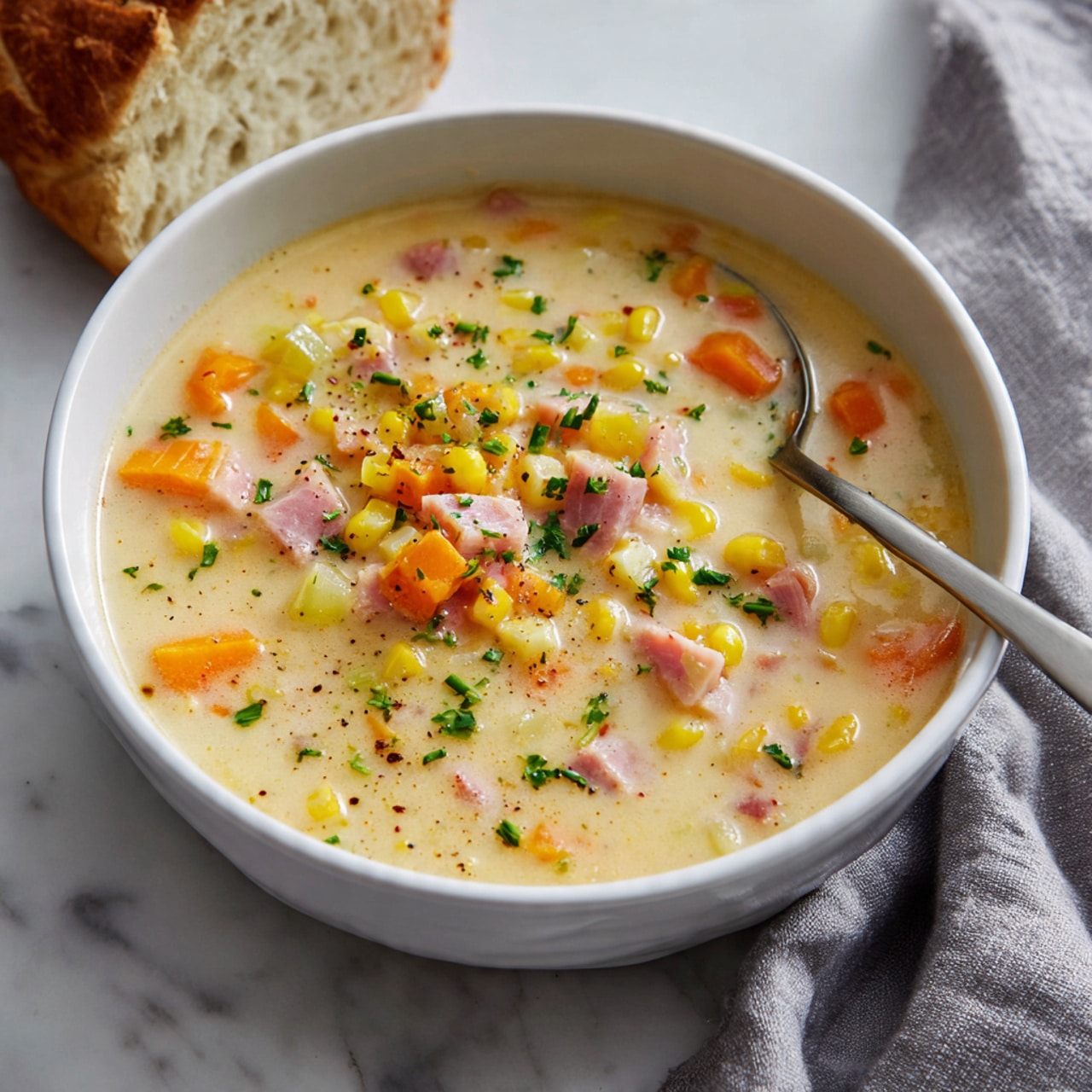A white bowl filled with creamy soup that has visible pieces of diced orange carrots, pale yellow corn, small bits of pink ham, and light green celery, all mixed in a thick light cream-colored broth. The soup is sprinkled with finely chopped green herbs on top. A spoon rests inside the bowl, and nearby is a piece of light brown bread. The bowl sits on a white marbled surface with a loose gray cloth next to it. photo taken with an iphone --ar 4:5 --v 7