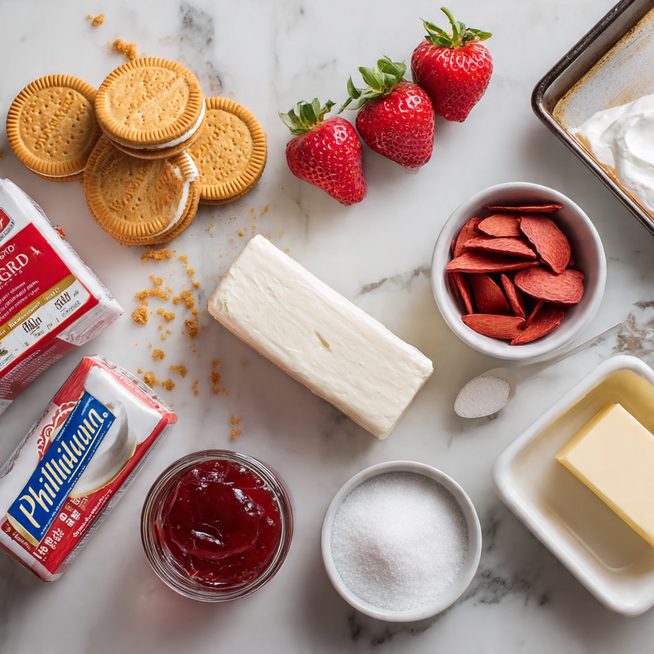 The image shows ingredients laid out on a white marbled surface for making a dessert. There is a group of golden sandwich cookies with cream filling stacked and scattered on the top left. Beside them are some cookie crumbs and three whole fresh red strawberries with green tops. Nearby is a small white bowl filled with dried red strawberry slices. A rectangular block of cream cheese is placed in the middle on its wrapper, labeled Philadelphia. To its left is a box of gelatin powder. On the right side, there is a small glass jar of red jam with a spoon inside. At the bottom right are a white bowl filled with granulated sugar and a stick of butter on paper. Two white baking pans with dark interiors are partly visible on the top and bottom left corners. photo taken with an iphone --ar 4:5 --v 7