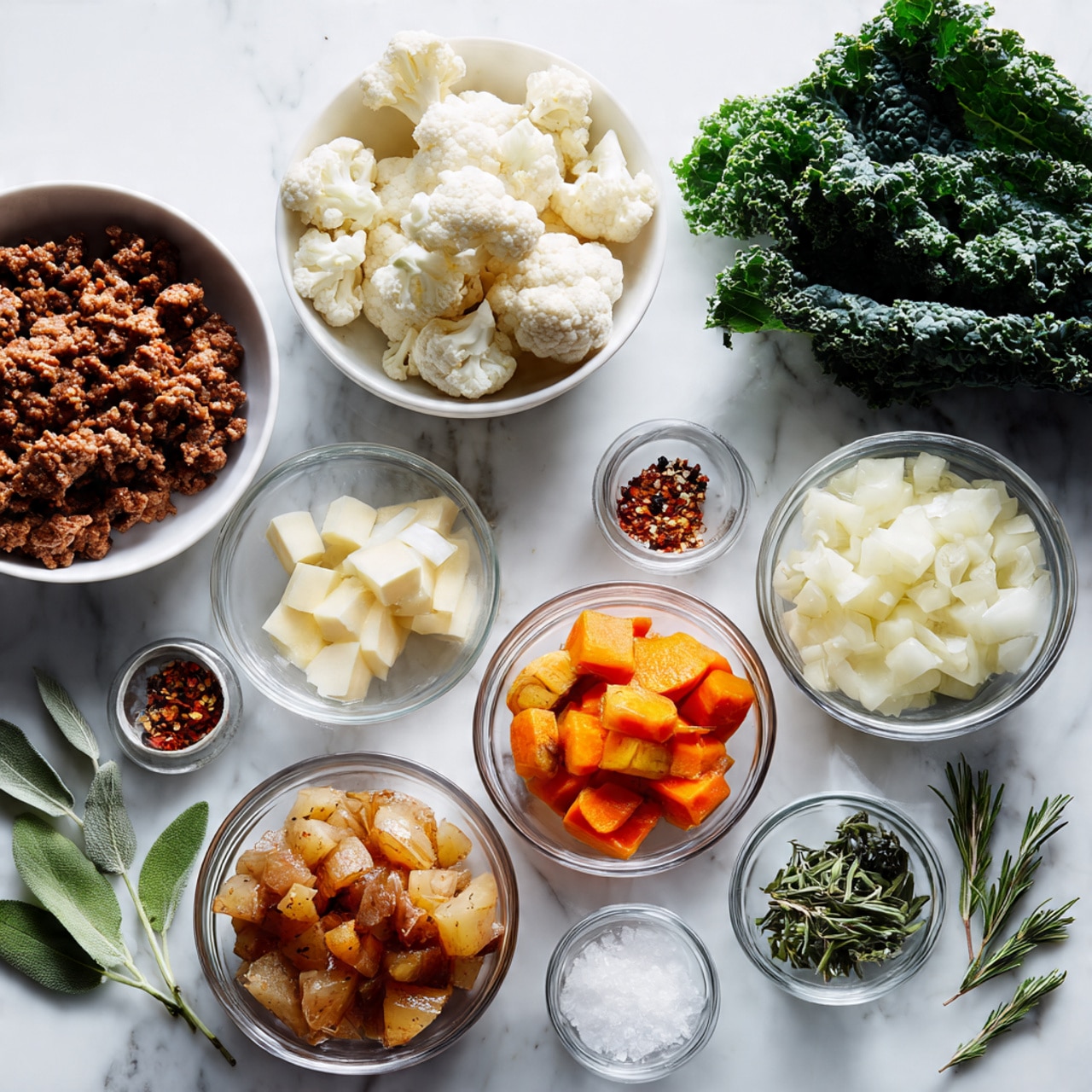 The image shows seven bowls and small dishes with different ingredients arranged on a white marbled surface. There is one white bowl filled with browned cooked ground meat, another white bowl with fresh dark green kale leaves beside it. A third bowl contains white cauliflower florets, with a small piece of cheese and a small bowl of coarse salt nearby. Three clear glass bowls hold diced white onions, diced light brown potatoes, and orange chopped carrots. Small jars of minced garlic and red pepper flakes are also visible, along with sprigs of fresh thyme and sage leaves scattered on the surface. Photo taken with an iphone --ar 4:5 --v 7