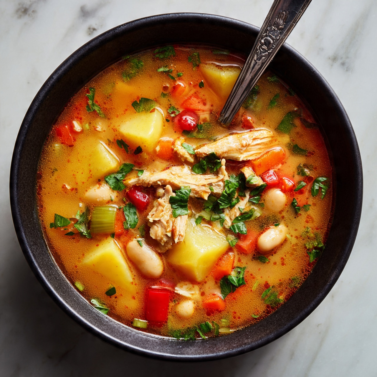 A black bowl filled with a thick soup showing several layers, the bottom layer is a bright reddish-orange broth, above it there are chunks of yellow potatoes and orange carrots, scattered pieces of white beans and green celery, small pieces of red bell pepper, with a whole cooked piece of light brown chicken partially submerged, fresh green herbs float on top adding a touch of color, a silver spoon is placed inside the bowl with its handle resting on the rim, the bowl is set on a white marbled surface photo taken with an iphone --ar 4:5 --v 7