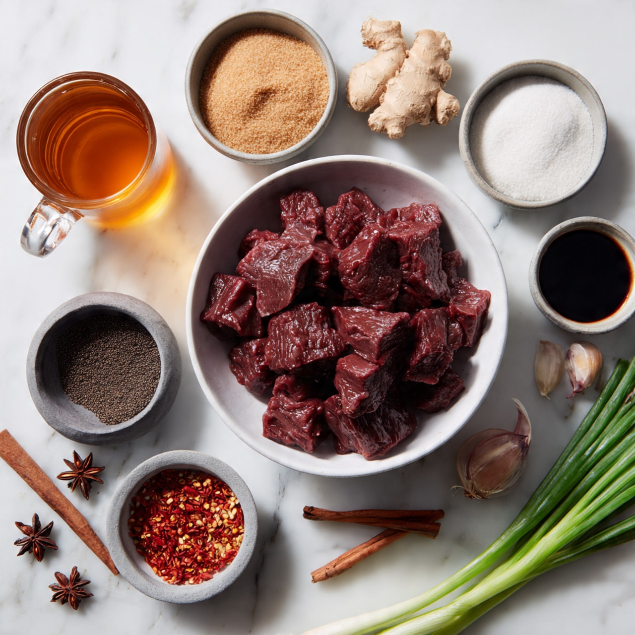 A white bowl filled with dark red raw meat chunks sits in the center of the image on a white marbled surface. Surrounding it are several small bowls containing different ingredients: a bowl of light brown sugar, a bowl of white powder like flour, a bowl of dark sauce, a bowl of a clear light liquid, and a bowl of black liquid. There is also a small grey bowl with red chili flakes, cinnamon sticks, and star anise, as well as a small grey bowl with red sauce. Four green onions lie next to the bowl of sugar, alongside three garlic cloves and a piece of ginger. A clear mug with amber-colored liquid sits near the top left. The overall setting is neat and bright, emphasizing the fresh ingredients photo taken with an iphone --ar 4:5 --v 7