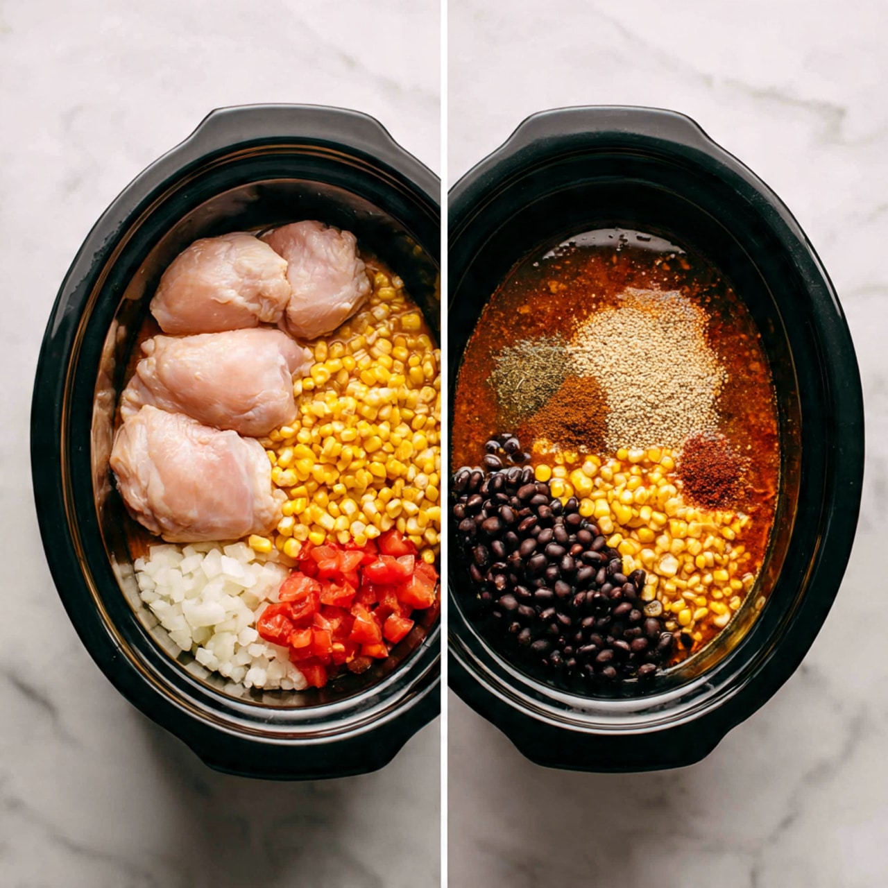 The image shows two views of a black slow cooker on a white marbled surface. In the first view, there are three raw, pale pink chicken pieces placed evenly inside the cooker. In the second view, the cooker is filled with several layers of ingredients: in the top right corner, light tan sesame seeds float on dark brown sauce; below it, a large group of small black beans and to the left, bright yellow corn kernels are placed. On the bottom left side, white chopped onions are next to bright red diced tomatoes, with light brown ground spices sprinkled on top. The ingredients sit in a light brown broth filling the cooker halfway. photo taken with an iphone --ar 4:5 --v 7
