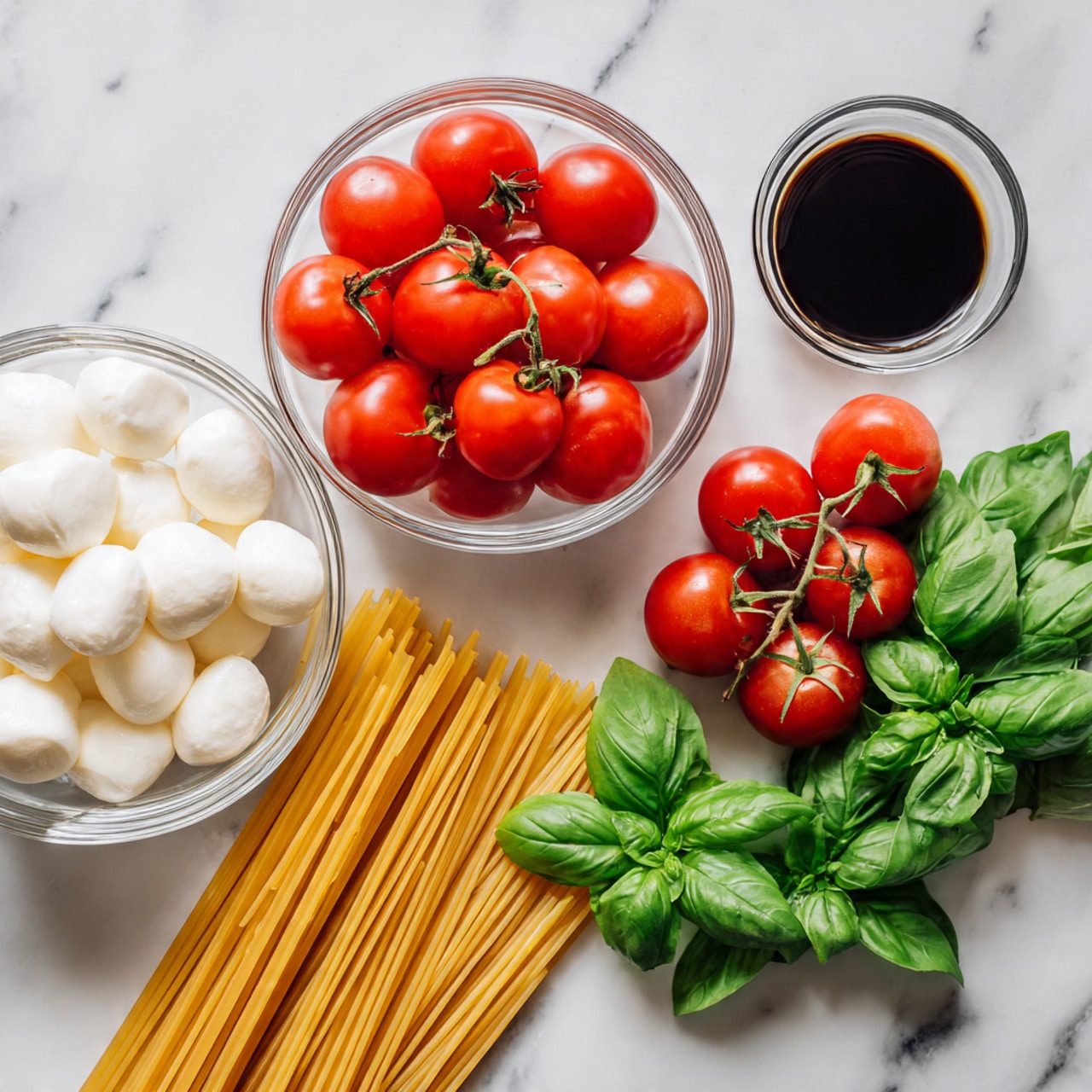 The image shows raw pasta sticks laid out in the bottom left corner with a cluster of fresh green basil leaves to the right of the pasta. Above the pasta and basil, there is a small glass bowl filled with white mozzarella balls on the left, next to a larger glass bowl holding a bunch of bright red cherry tomatoes on the vine. Behind the mozzarella bowl, there is a small glass bowl with a dark liquid, likely balsamic vinegar. All the items are placed on a white marbled surface. Photo taken with an iphone --ar 4:5 --v 7