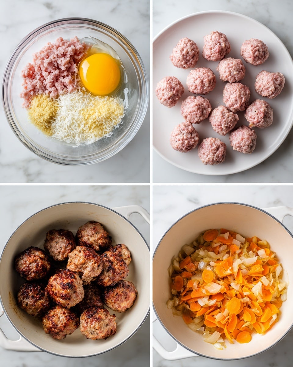 The image shows four steps in making meatballs and cooking carrots. The top left shows a clear glass bowl with layers of raw ground meat in pink, an egg with a bright yellow yolk, beige breadcrumbs, and white grated cheese, all placed separately inside the bowl. The top right shows 15 raw pink meatballs of equal size neatly arranged on a white plate. The bottom left shows browned meatballs with a crispy dark brown crust cooking together in a white pot. The bottom right shows a white pot with cooked orange carrot slices and small bits of cooked onions with a light golden color. The background has a white marbled texture photo taken with an iphone --ar 4:5 --v 7