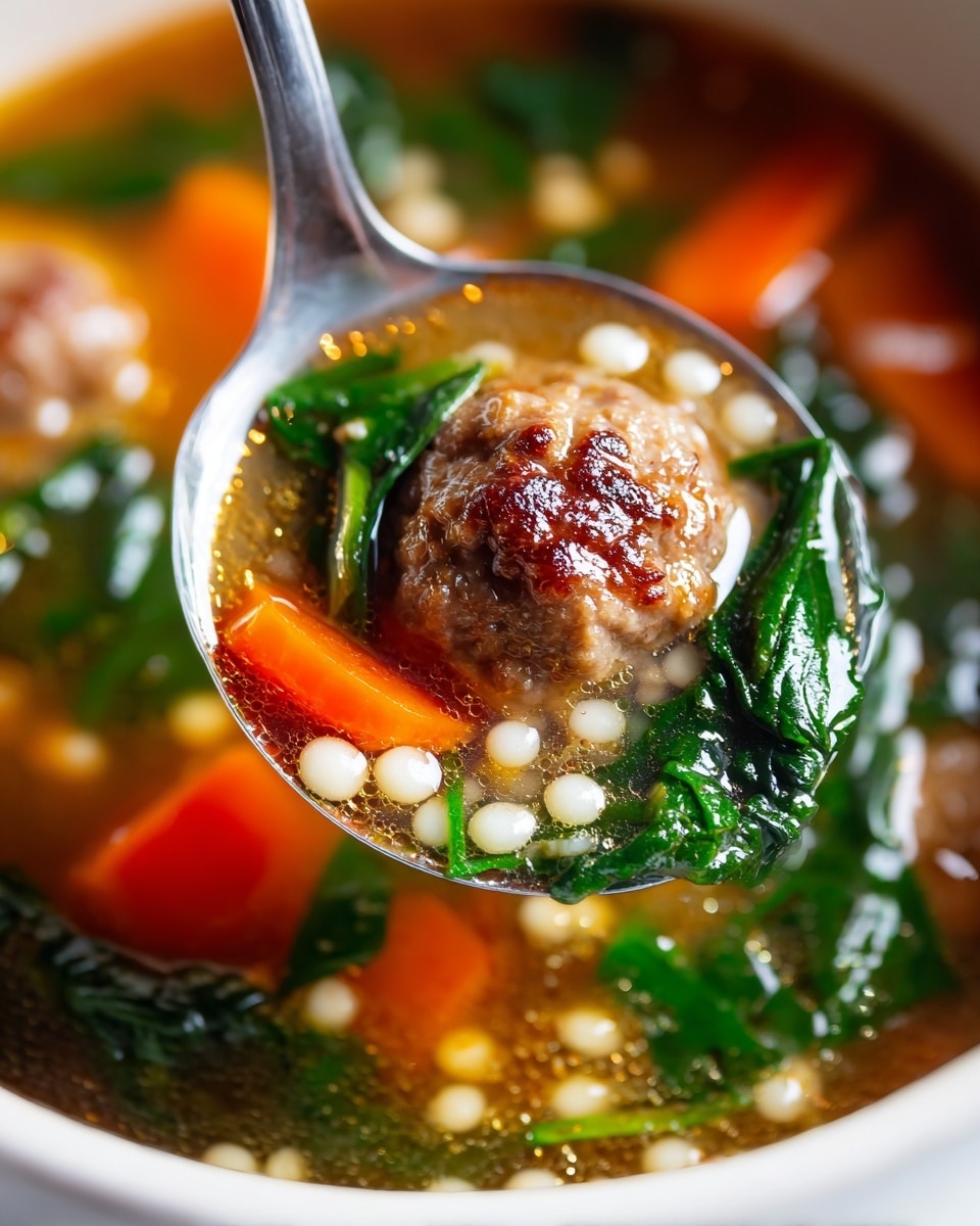 A close-up view of a white spoon holding a meatball with a browned, textured surface, surrounded by small round white pasta pearls. The spoon also holds dark green wilted spinach leaves and a bright orange carrot slice. The meatball and vegetables sit in a clear broth with more spinach, carrots, and pearls visible beneath. The background reveals a white marbled texture. Photo taken with an iphone --ar 4:5 --v 7