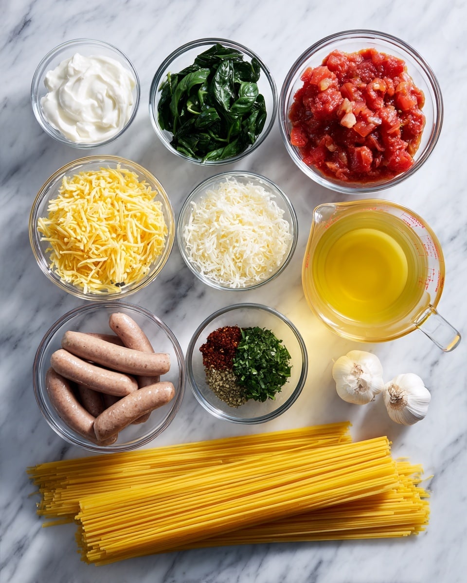 This image shows several clear glass bowls and a measuring cup arranged on a white marbled surface. There are five long, uncooked yellow lasagna noodles placed horizontally at the bottom. Above the noodles, from left to right, are small bowls filled with light yellow grated cheese, chopped white onions, dark red tomato paste, green dried herbs, and chopped fresh bright green spinach or basil leaves. To the top left is a bowl with white cream, next to it is a bowl with chunky red diced tomatoes in juice. Next to those is a bowl containing three raw, light brown sausages. On the top right, there is a clear measuring cup filled with light yellow broth or stock. Beside this cup, on the right, are two cloves of white garlic. There is also a small bowl containing clear oil placed near the garlic. Everything is neatly arranged in a simple and organized way. photo taken with an iphone --ar 4:5 --v 7