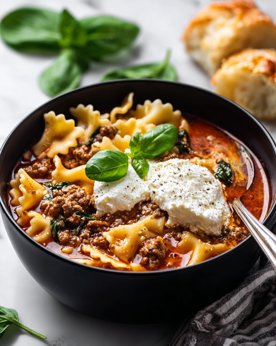 A black bowl filled with a layered lasagna soup featuring wide, wavy-edged pasta pieces in a rich, reddish-orange broth mixed with small chunks of brown cooked meat and green spinach bits. On top of the soup, there are two dollops of white creamy ricotta cheese contrasted against the textured pasta and broth. Fresh green basil leaves sit beside the cheese for added color. A silver spoon is partially submerged in the bowl, resting on the right side. The bowl is placed on a white marbled surface, with some fresh spinach leaves and part of a cheesy bread piece visible in the background photo taken with an iphone --ar 4:5 --v 7