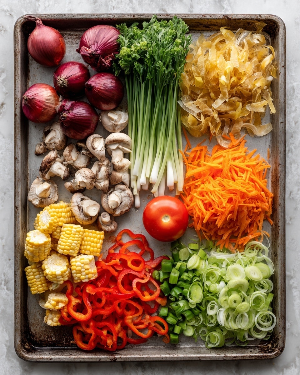 A large tray filled with various fresh vegetables is shown against a white marbled background. From the top left, there are whole red onions with their dry skins peeling off, a bunch of bright green carrot tops in the center, and to the right, golden yellow onion skins. Below the onions, there are small pieces of mushrooms with a brown, slightly rough texture. Moving to the bottom left, baby corn pieces are stacked neatly, with pale yellow kernels, next to celery stalks in light green. In the middle, a pile of finely shredded bright orange carrots covers the surface, beside thinly sliced green leeks with white centers and dark green edges. Near the center bottom, there is a whole red tomato sitting atop thin, curled red bell pepper slices. Photo taken with an iphone --ar 4:5 --v 7