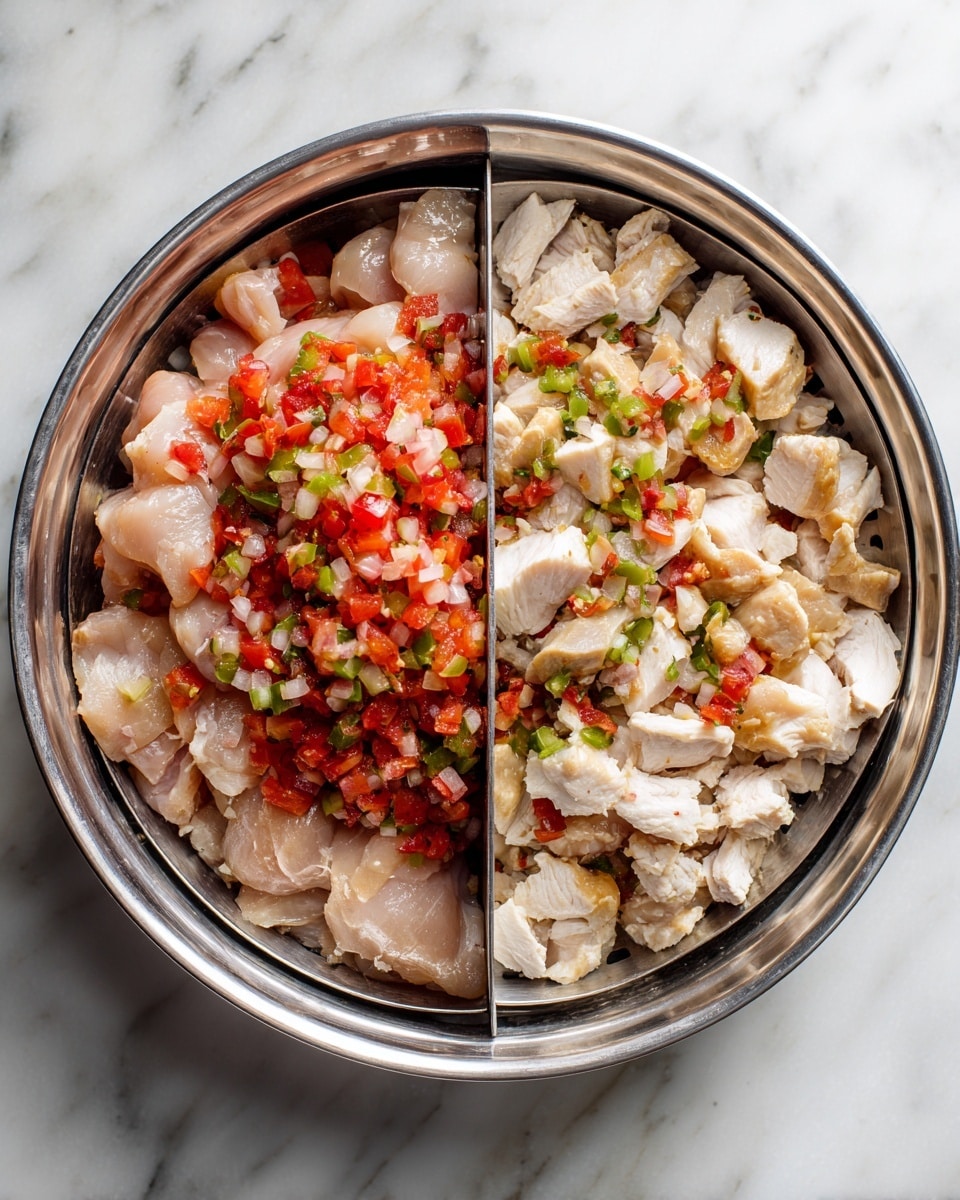 The image shows two side-by-side photos. On the left, there is a close-up of raw chicken pieces placed inside a shiny steel pot, topped with a bright mix of chopped tomatoes, white onions, and green peppers, all finely diced and scattered evenly on the chicken. On the right, cooked white chicken pieces lie on a metal strainer tray with the same chopped tomato, onion, and green pepper mix scattered over them, creating a fresh contrast between the white chicken and colorful topping. The background is a white marbled surface. photo taken with an iphone --ar 4:5 --v 7