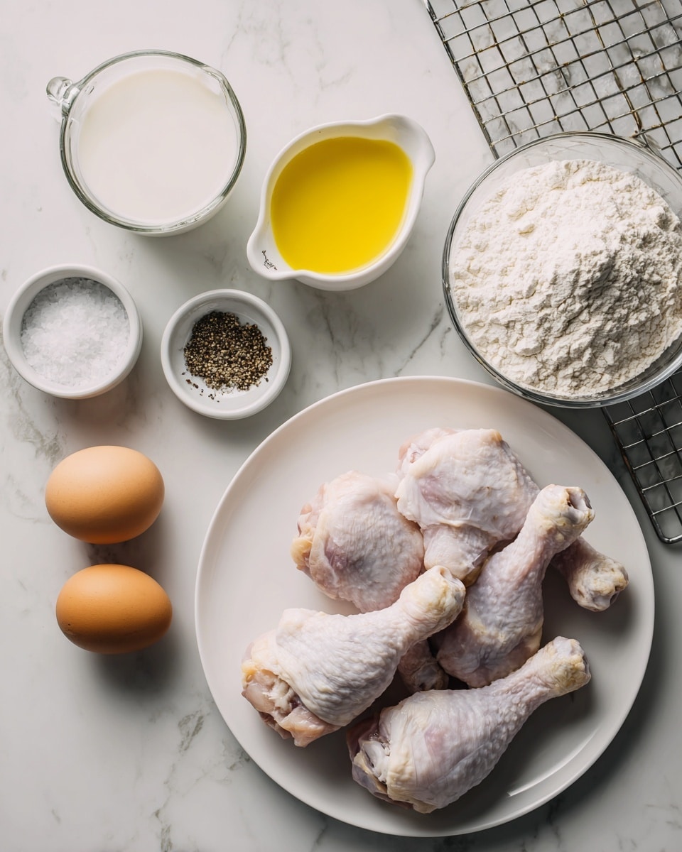 The image shows several raw chicken drumsticks piled on a white plate on the right side. To the left are two brown eggs placed side by side on a white marbled surface. Below the eggs, there is a white measuring cup filled with yellow oil. Above the eggs is a white bowl filled with white flour. Near the oil cup are two small white bowls, one containing coarse black pepper and the other coarse white salt. To the far right of the bowls is a clear glass measuring cup filled with white milk. In the top left corner, there is a wire rack and a metal tray on the same white marbled surface. photo taken with an iphone --ar 4:5 --v 7