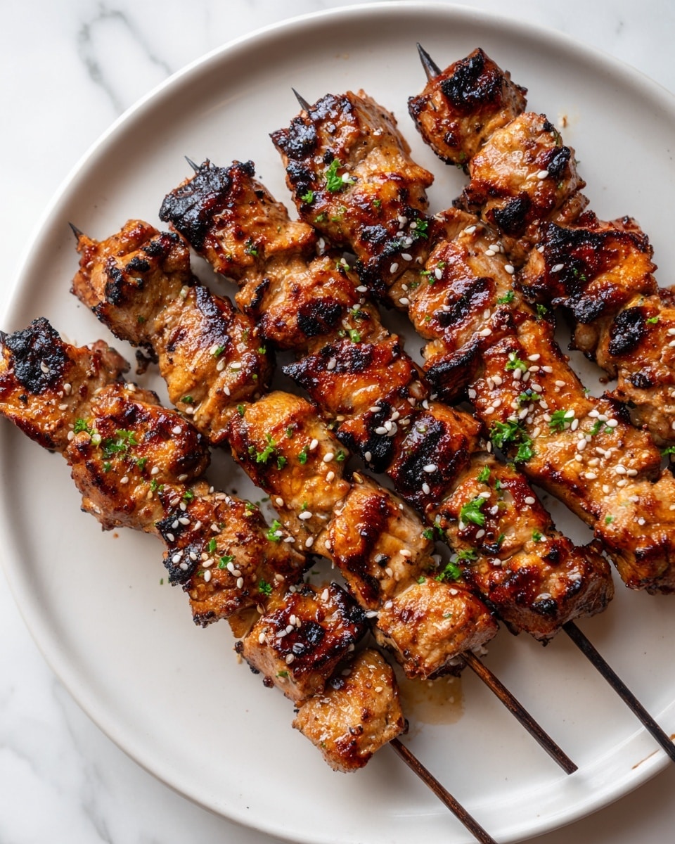 The image shows six skewers of grilled meat placed on a round white plate. Each skewer is loaded with pieces of golden-brown meat that have a slightly crispy texture and some visible char marks. The meat looks juicy with a few green herbs sprinkled on top, adding a touch of color. Small white sesame seeds are scattered over the skewers and the plate. The plate sits on a white marbled surface. photo taken with an iphone --ar 4:5 --v 7
