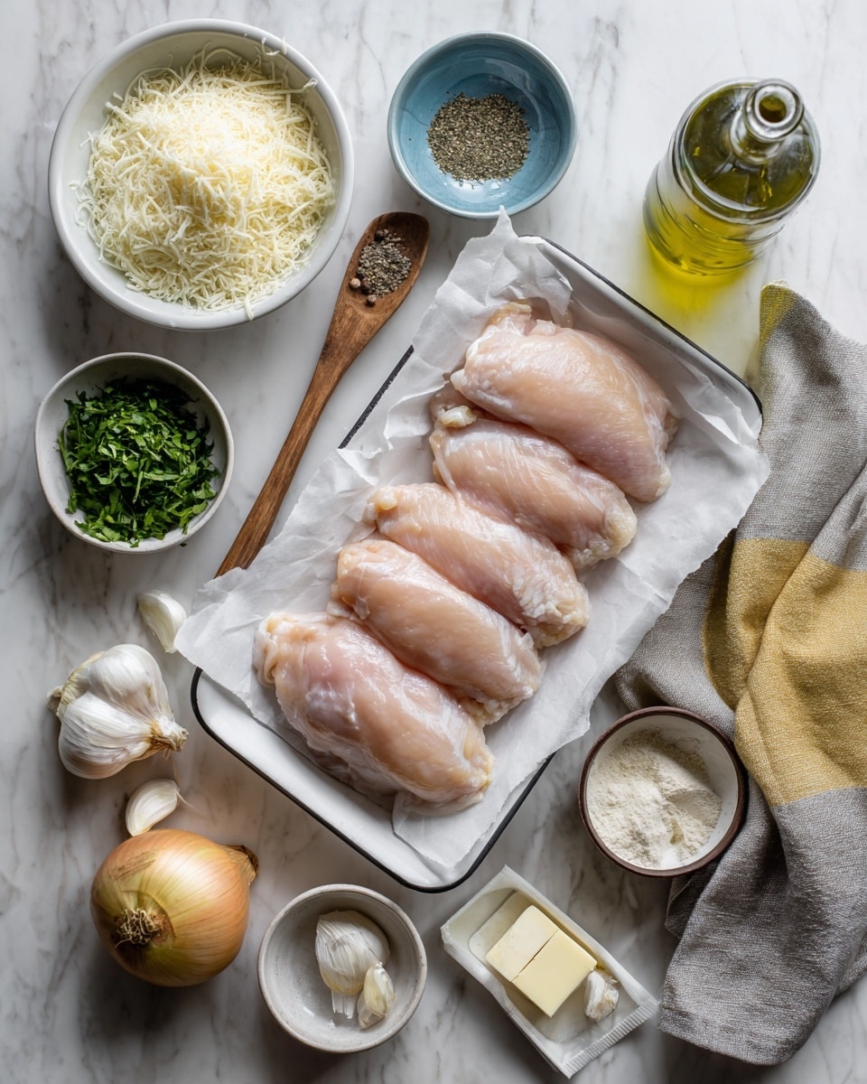 A white tray holds four pieces of raw chicken arranged side by side on a sheet of white parchment paper. To the left, there is a white bowl filled with grated cheese, a small white bowl with black pepper, a small blue bowl with flour, and a pile of fresh green chopped herbs in a white bowl. Below these are a whole onion, several peeled garlic cloves, a small bowl with a light brown liquid, a white container of garlic powder with its lid removed and set beside it, a stick of butter wrapped in paper, and a bottle of olive oil with a green label. To the far left, a white pan with a wooden spoon lies on a white marbled surface. A folded gray and yellow cloth is placed to the right of the tray. Photo taken with an iphone --ar 4:5 --v 7