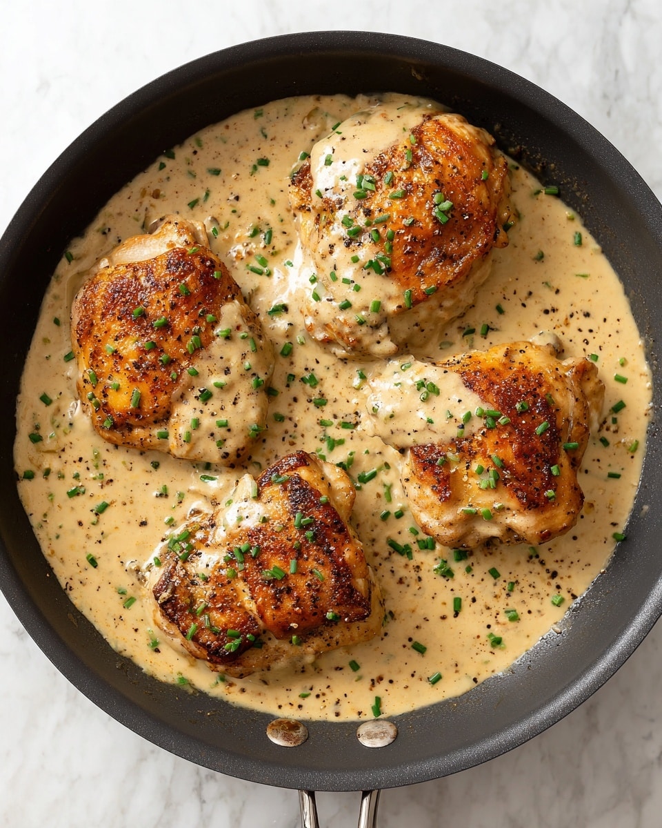 The image shows a black pan with four browned chicken pieces in it. Each chicken piece is covered with a creamy, light beige sauce that has a smooth texture. The sauce spreads around the chicken, filling the pan evenly. On top of the chicken and sauce, small pieces of chopped green herbs, likely chives, and a sprinkling of black pepper add color contrast. The pan is set on a white marbled surface. photo taken with an iphone --ar 4:5 --v 7