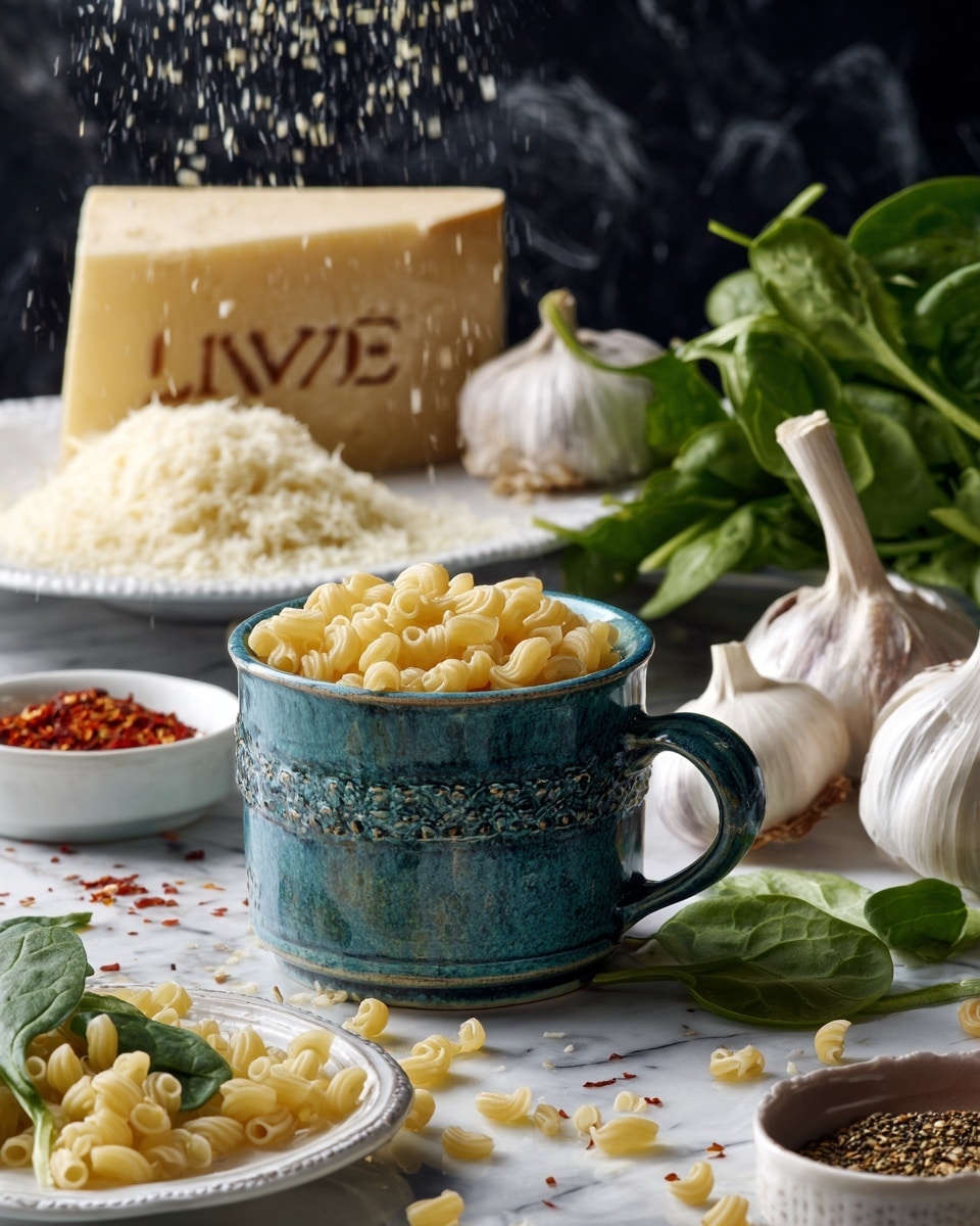 A blue-green ceramic cup filled with small, light yellow pasta pieces sits in the center of the image. Behind it, a white plate holds a wedge of hard cheese with a stamped