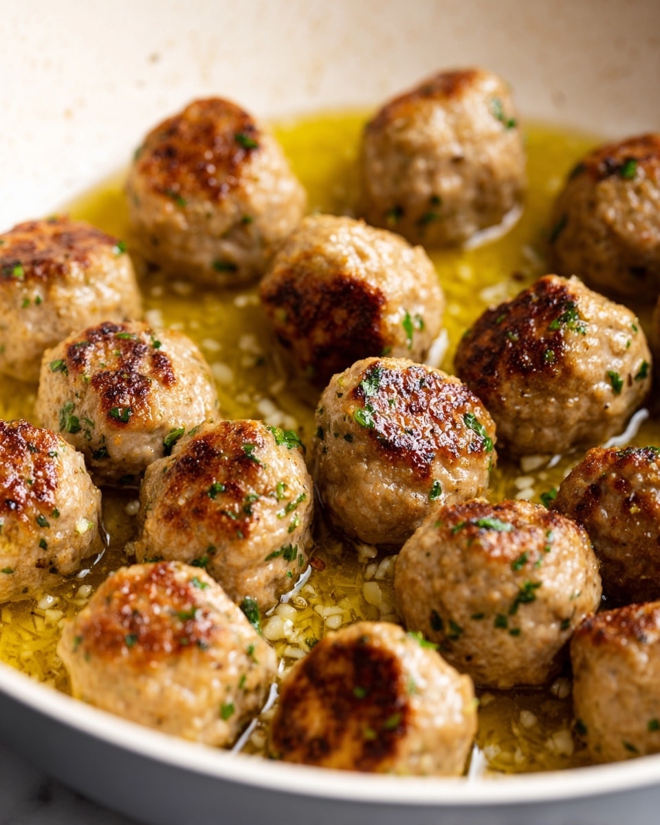 A close-up view of round meatballs cooking in light golden oil inside a white pan. The meatballs are light brown with some small white pieces and tiny green herb bits mixed in. The oil glistens around the meatballs, with small bits of chopped garlic and herbs floating in it. The pan edges are visible, and the background shows a white marbled texture. Photo taken with an iphone --ar 4:5 --v 7