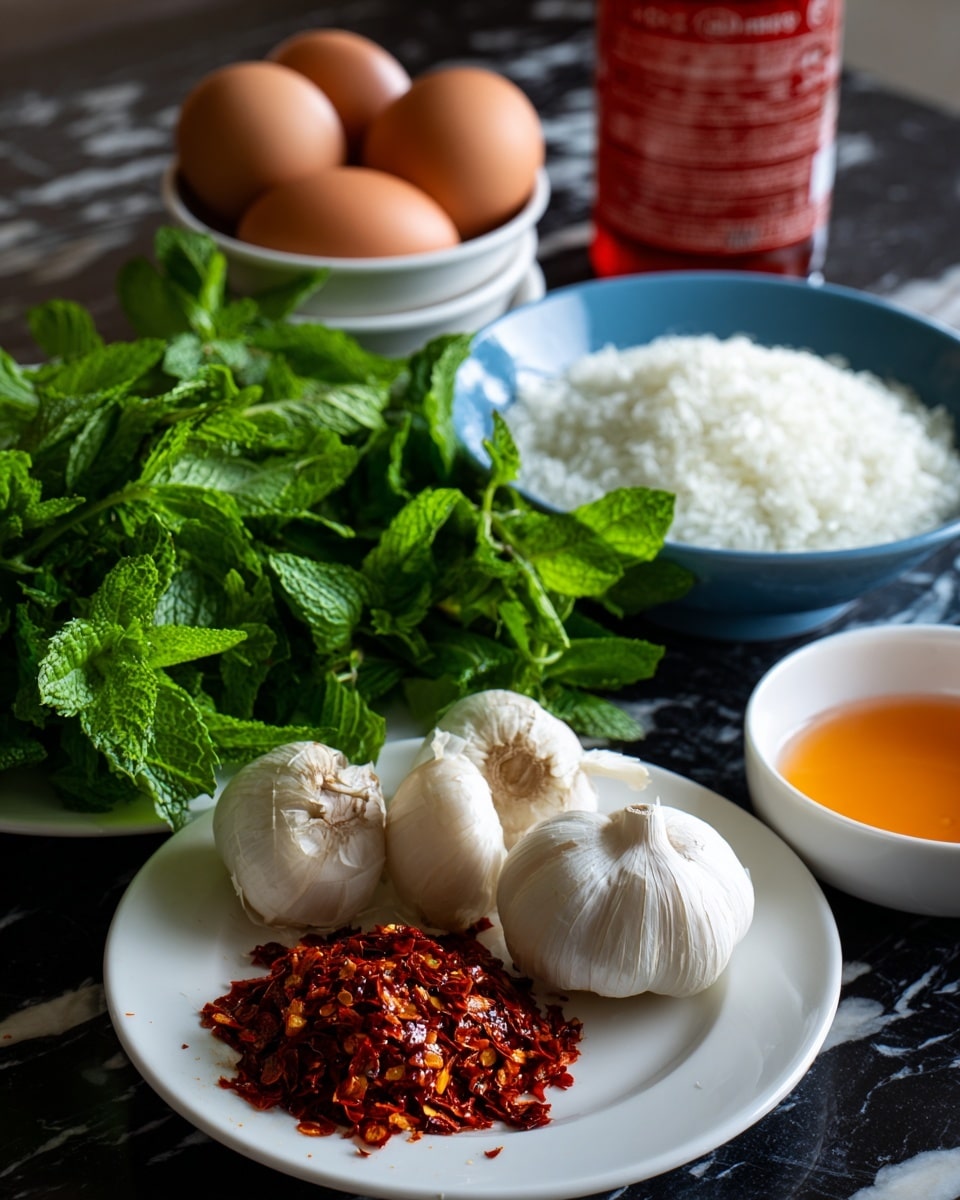 The image shows a white plate with fresh green mint leaves on the left, garlic cloves with white papery skin in the center-right, and a small white bowl filled with bright red chili flakes placed in front of the garlic. Behind the plate, there's a blue bowl filled with fine white grains, likely rice, and a small white bowl containing an amber-colored liquid on the right. On the left in the background, two brown eggs sit in stacked small white bowls. A red bottle with blurred text stands behind the eggs, and the entire scene is set on a dark surface with a white marbled texture. Photo taken with an iphone --ar 4:5 --v 7