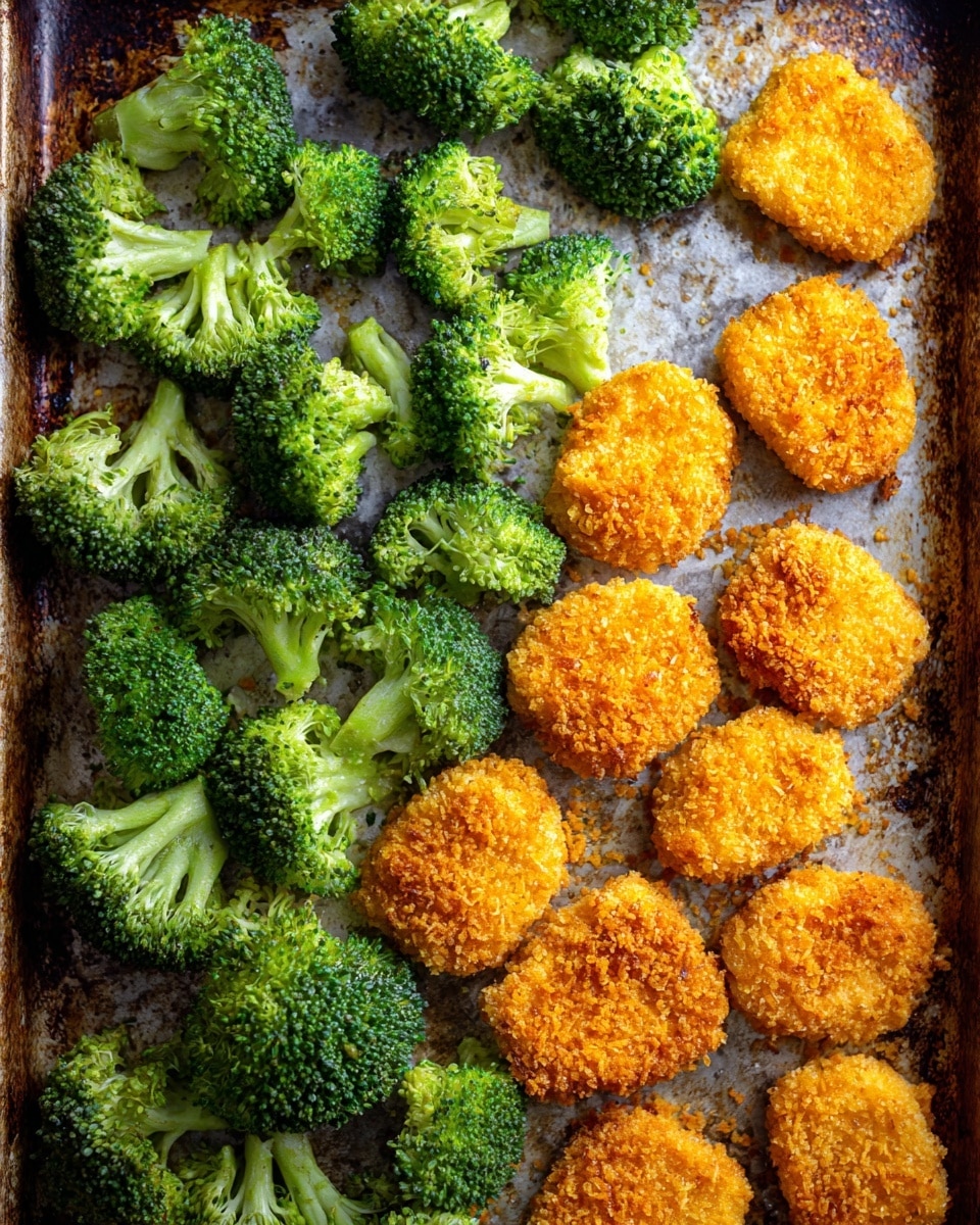 The image shows a baking tray with two main layers of food: bright green broccoli florets and golden-brown crispy nuggets. The broccoli pieces are fresh, with detailed textures on the tiny buds, and they sit grouped mostly in the center and right side of the tray. Surrounding the broccoli, roughly half-covered in a scattered arrangement, are crispy nuggets that have a crunchy, crumbly coating with uneven edges and a warm, orange hue. The tray surface underneath them is worn with some darkened spots and a white marbled texture faintly visible. The light highlights the contrast between the smooth green broccoli and the rough nugget coating. Photo taken with an iphone --ar 4:5 --v 7