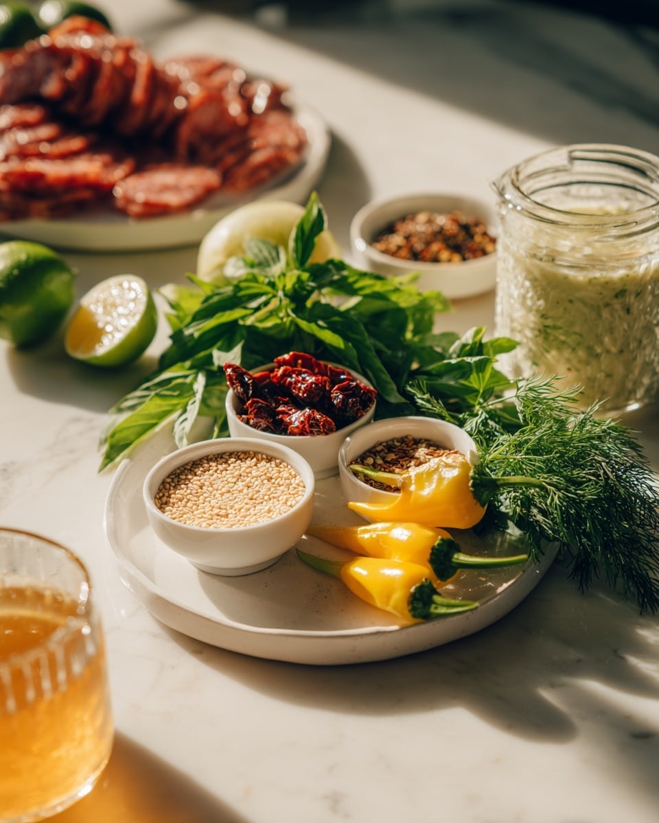 The image shows a close-up arrangement of fresh ingredients on a white marbled surface. In the foreground, there is a white ceramic plate holding three small white bowls; one bowl contains dark reddish sun-dried tomatoes, another bowl is filled with pale beige sesame seeds, and the third holds several small, bright yellow peppers with green stems. Around these bowls, there are fresh green herbs, including leafy basil and feathery dill, placed on the plate. In the background, a white plate contains wedges of lime alongside a pinkish red cooked sausage. A glass jar filled with a thick white sauce with green seasoning is visible on the right, and a small bowl with mixed spices appears blurred behind the lime plate. A glass cup with honey or a similar golden liquid is partially visible at the bottom left. The light falls from the side, creating warm highlights and shadows. Photo taken with an iphone --ar 4:5 --v 7