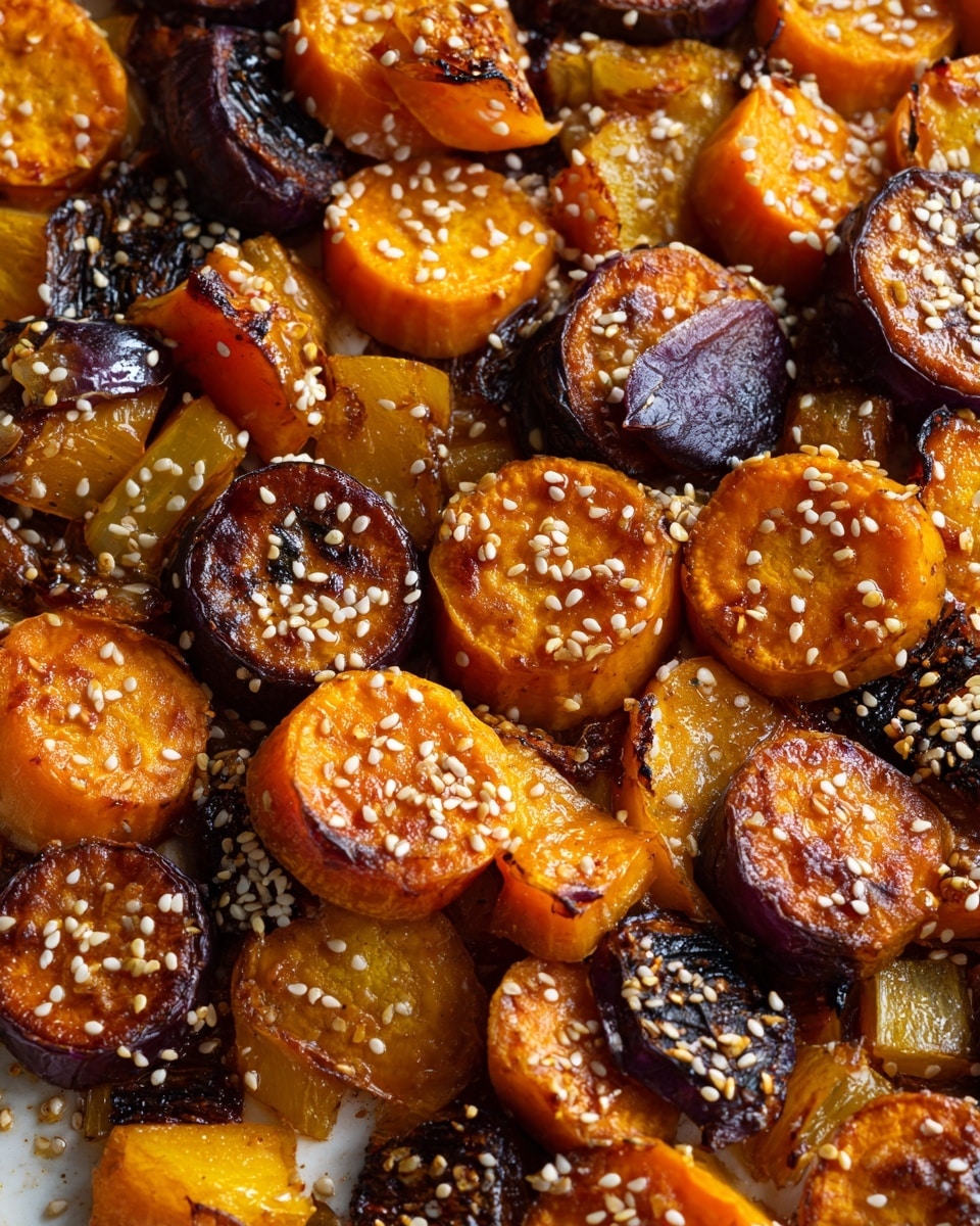 This image shows a close-up of a baked dish with two main layers spread over a white marbled surface. The top layer consists of round slices of sweet potatoes with orange centers and brown edges, sprinkled with white sesame seeds. Beneath and among the slices are irregular chunks of golden-brown cooked pieces that appear juicy and slightly crispy, showing a glossy texture with some darker charred spots. The warm lighting highlights the rich orange and brown colors, creating a visually inviting contrast between the smooth sweet potato slices and the textured cooked chunks. Photo taken with an iphone --ar 4:5 --v 7
