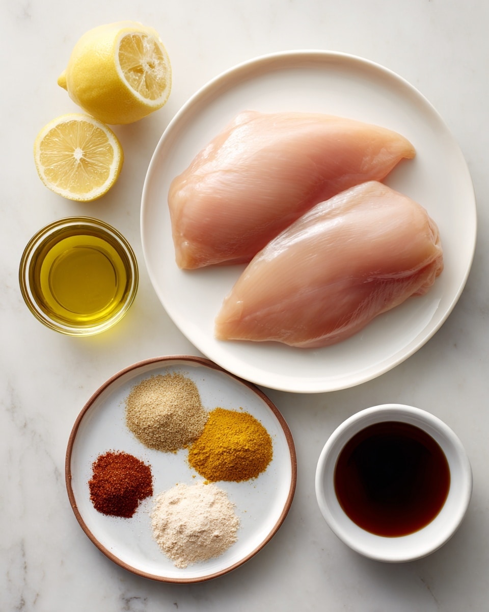 A white plate holds two raw chicken breasts with a smooth, pale pink color, placed side by side near the center of a white marbled surface. To the left, two yellow lemon halves rest next to a small glass bowl filled with golden olive oil. Below the chicken plate, a white round dish with a brown rim contains four piles of spices in separate sections: light yellow, reddish-brown, light tan, and white. To the right of this dish, a small white bowl holds a dark brown liquid. The overall arrangement is clean and neatly spaced. Photo taken with an iphone --ar 4:5 --v 7