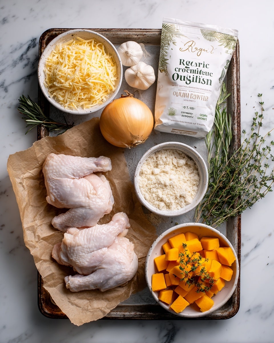 The image shows a rustic baking tray with ingredients neatly arranged on it placed on a white marbled surface. On the bottom left of the tray, there are two raw, pale pink chicken pieces resting on a piece of brown parchment paper. Above them is a glossy yellow onion whole, next to two cloves of white garlic. At the top left corner, a white bowl holds shredded pale yellow cheese, and right below it, another white bowl contains fine, grated white cheese. On the right side of the tray, there is a white bowl filled with small, bright orange cubes of butternut squash. Beside the bowl, fresh green thyme and rosemary sprigs lie on the tray. Near the top right corner, a partially visible white bag labeled