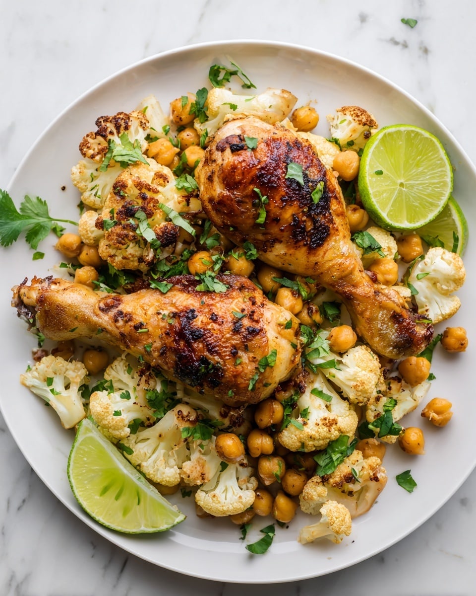 A white plate with two cooked golden-brown chicken drumsticks placed on top of a bed of roasted cauliflower and chickpeas. The cauliflower is light tan with some charred spots, and the chickpeas are soft beige. Fresh green herbs are sprinkled over the dish, and there are two lime wedges on the side. The white plate sits on a white marbled surface. photo taken with an iphone --ar 4:5 --v 7