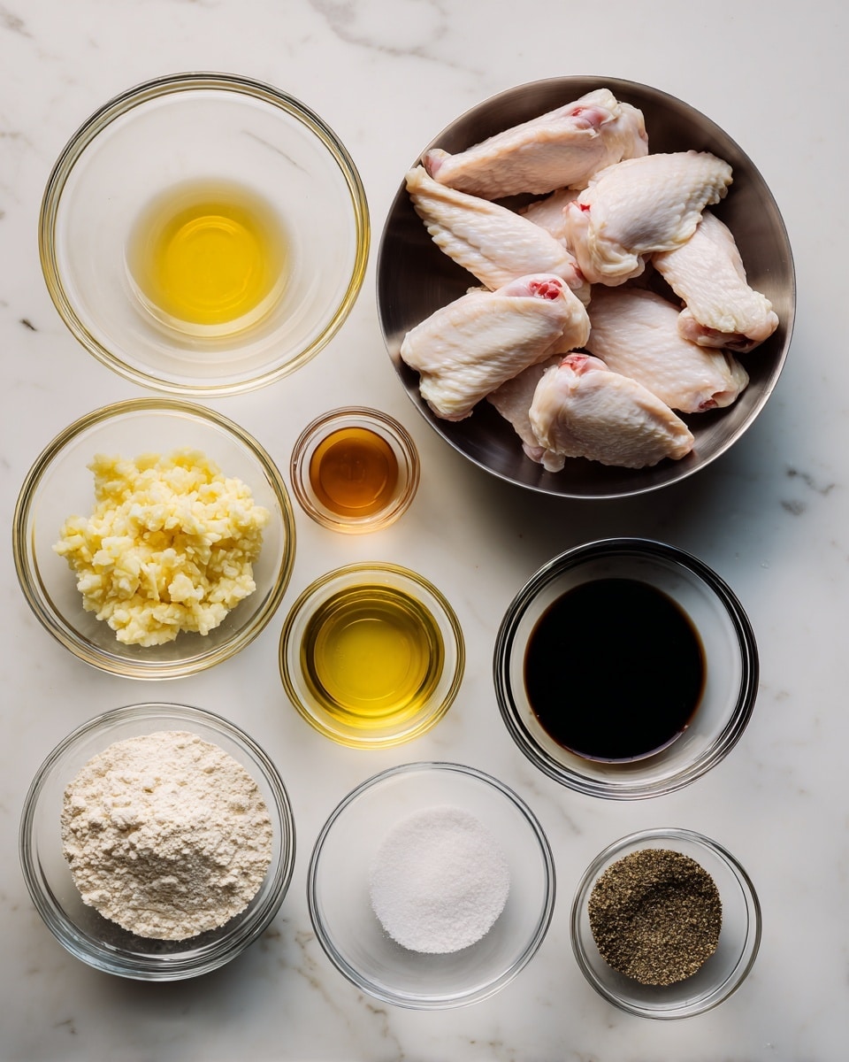 The image shows nine glass bowls arranged on a white marbled surface. On the right side, a large metal bowl holds several raw chicken wings with pale pink skin and slight red marks. To the left of the chicken wings, eight smaller bowls contain different ingredients: minced garlic in a pale yellow color in the bottom left, a thick golden honey-like liquid above it, dark brown soy sauce in the middle row, clear oil beside the soy sauce, and in the top row from left to right, there is beige flour, white salt, white powder (likely baking powder), and black pepper. All bowls are round and clear, showcasing the textures and colors of the ingredients. photo taken with an iphone --ar 4:5 --v 7