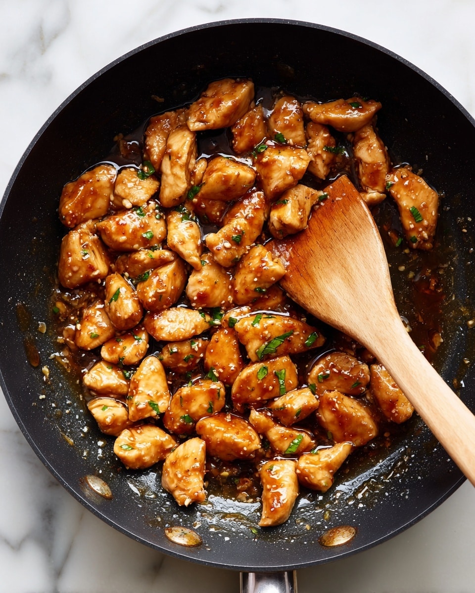 A close-up view of a black frying pan filled with about 40 small, golden-brown cooked pieces of chicken. The chicken pieces are shiny with a rich sauce that looks sticky and slightly thick, with green herb bits scattered throughout. A light wooden spatula is resting inside the pan among the chicken pieces, wet with the same sauce. The pan sits on a white marbled surface with faint grey veins visible. Around the edge of the pan, some sauce residue adds a glossy texture to the whole image. Photo taken with an iphone --ar 4:5 --v 7