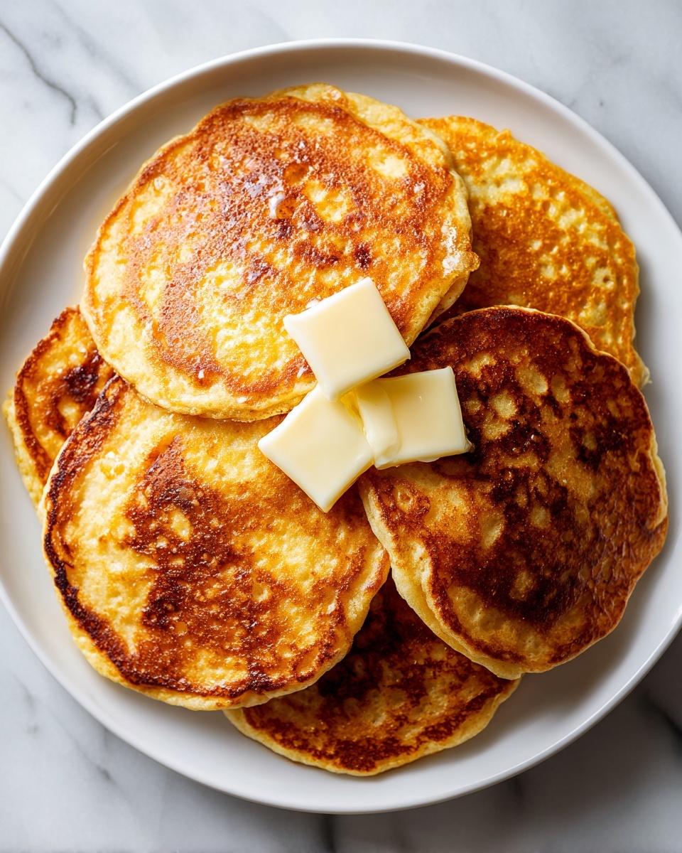 A white plate holds six golden brown pancakes stacked loosely on each other, showing uneven, crispy edges with dark brown spots. Two small squares of melting butter rest on the top pancake near the middle, adding a glossy shine. The pancakes' surfaces have a slightly rough texture with some visible air bubbles and a warm, cooked look. The background is a white marbled texture. photo taken with an iphone --ar 4:5 --v 7