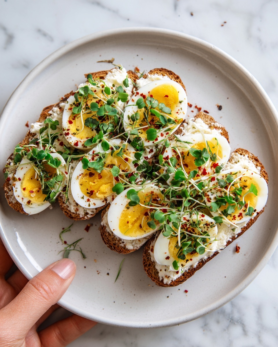 The image shows a slice of toasted bread on a white plate placed on a white marbled surface. The bread is topped with a thick, creamy white spread that covers the entire slice. On top of the spread, there are thin slices of boiled egg arranged in a line. Green herbs and sprouts are scattered over the eggs, adding a fresh look. Some red spice flakes are sprinkled lightly across the dish. A woman's hand is holding the edge of the plate. Photo taken with an iphone --ar 4:5 --v 7