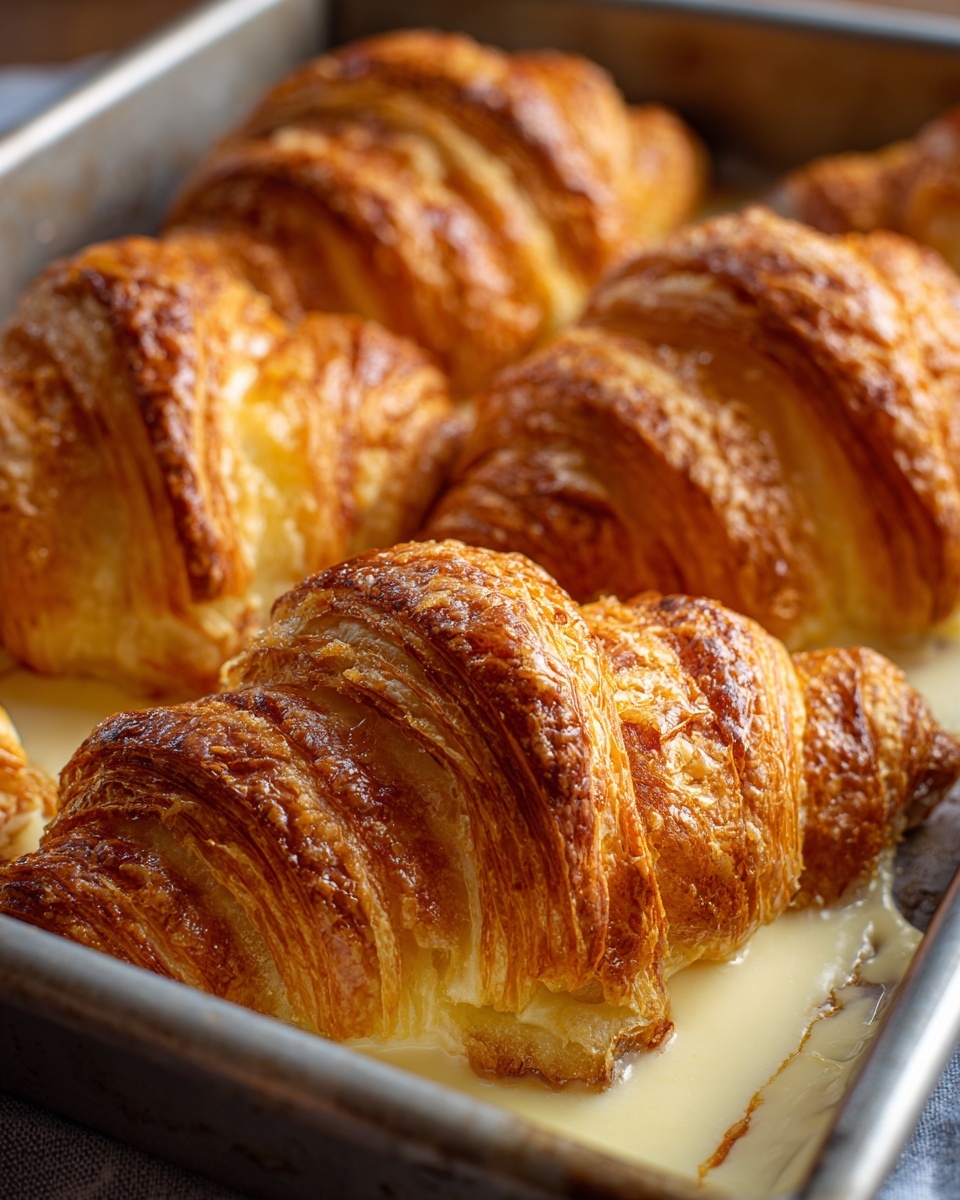 The image shows a close-up view of several golden-brown croissants placed in a metal baking pan. The croissants have a flaky, layered texture with a slightly glossy surface. They are partially soaked in a light creamy sauce that fills the bottom of the pan, creating a smooth, slightly shiny layer beneath the croissants. The edges of the pan are slightly worn, showing signs of use. The background is not visible as the focus is tightly on the croissants and sauce inside the baking pan. photo taken with an iphone --ar 4:5 --v 7