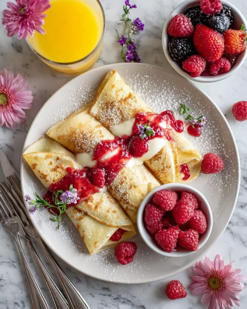 Lemon Ricotta Cheese Stuffed French Toast Crepes with Vanilla Stewed Strawberries Recipe
