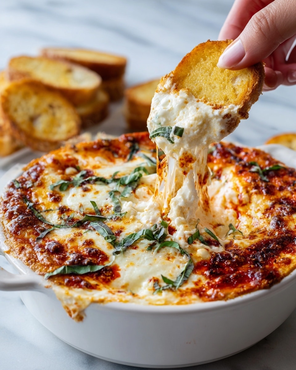 A white bowl filled with a hot, melted cheese dip that has a top layer of creamy white and light golden brown with a slightly crispy texture. There are red streaks of tomato sauce mixed in, adding a rich red color. On one side, thin green basil leaves are scattered over the cheese. A woman's hand is dipping a toasted yellow bread piece into the cheesy dip, showing the soft, stringy texture of the cheese pulling away. The bowl is placed on a white marbled surface with some pieces of toasted bread nearby. photo taken with an iphone --ar 4:5 --v 7