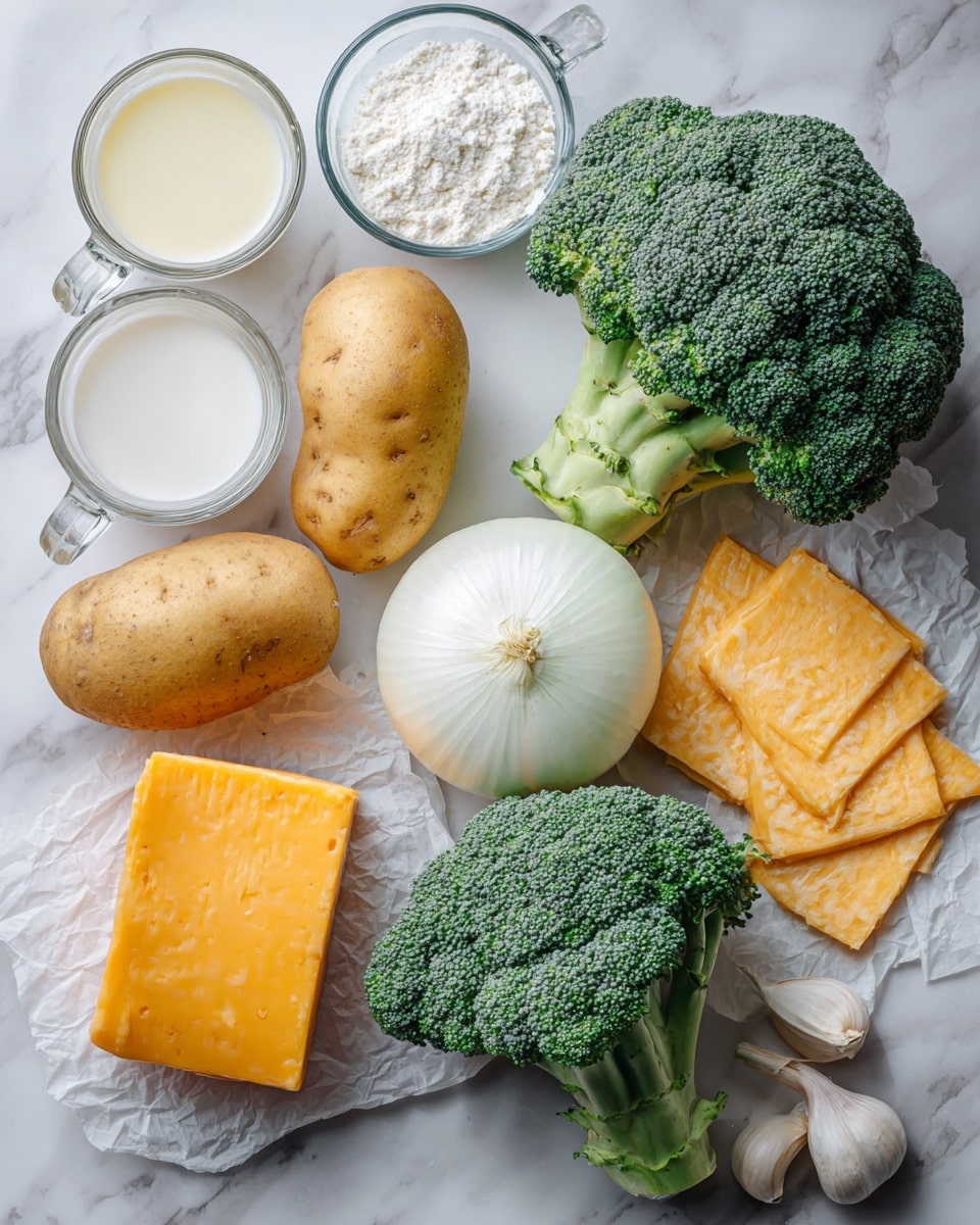 The image shows fresh ingredients on a white marbled surface, including three bright green broccoli heads with thick stems positioned in the center, a whole yellow potato on the left, and a large cut white onion above the potato. To the right of the broccoli is a block of orange cheddar cheese, next to it several slices of cheese on paper, and three peeled garlic cloves nearby. Above the onion and broccoli are two glass measuring cups, one filled with white cream on the bottom left and the other with light yellow broth on the top right. A small glass bowl filled with white flour is also visible near the top center of the image photo taken with an iphone --ar 4:5 --v 7