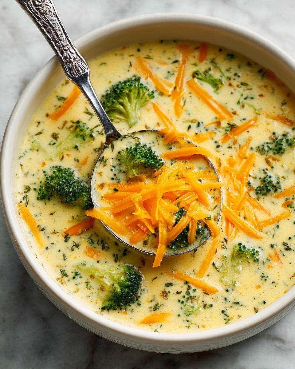 A thick creamy soup filled with small green broccoli florets spread evenly in a creamy light yellow base, topped with scattered bright orange shredded cheese strands both inside the soup and on top. A shiny ladle is shown scooping a portion of the soup, with visible broccoli pieces and a noticeable pile of shredded cheese resting on its surface. The entire scene is set against a white marbled texture background. photo taken with an iphone --ar 4:5 --v 7