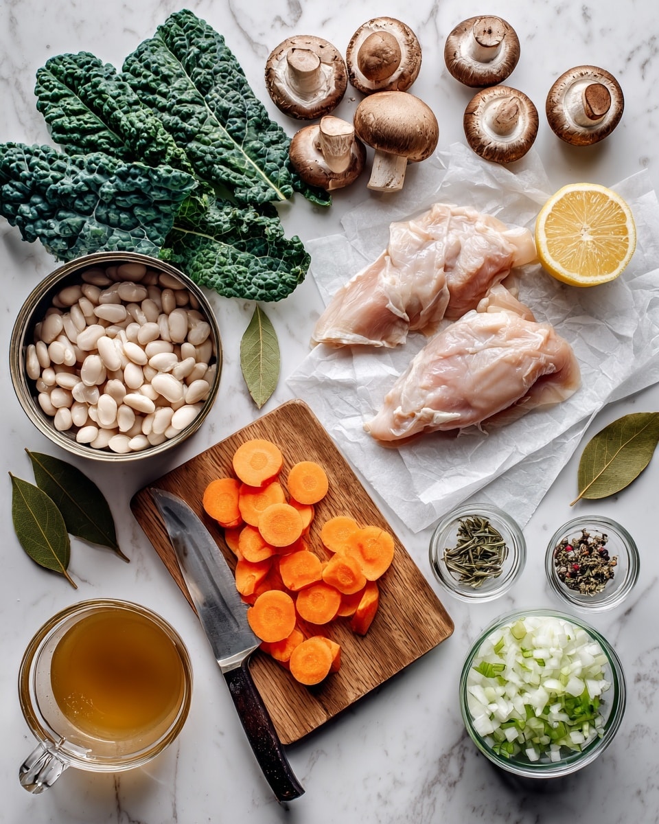The image shows raw chicken fillets placed on a white plate lined with white paper in the top right corner. Near the chicken, there are whole brown mushrooms scattered on the white marbled surface. Below the mushrooms, an open can reveals white beans inside. To the left, a small wooden cutting board holds evenly sliced bright orange carrots alongside a small knife with a wooden handle. Fresh green kale leaves are placed around the chopping board. Two glass bowls contain finely chopped white onions and diced green celery, respectively. Nearby, a lemon is halved with one half lying flat and the other standing. A glass measuring cup filled with broth sits in the lower left corner. Two small glass bowls contain herbs and spices, one with a bay leaf on top. The whole setup is arranged on a clean white marbled background. photo taken with an iphone --ar 4:5 --v 7