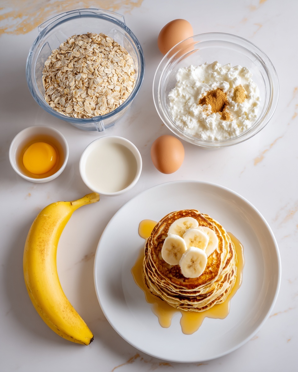 The image shows four steps to make pancakes, starting with ingredients on a white marbled surface: a yellow banana, two brown eggs, a bowl of oats, a bowl of white cottage cheese, a small bowl of liquid, and a small bowl with white powder and cinnamon. Next, all ingredients including oats, cottage cheese, two eggs, and sliced banana are placed inside a clear blender. The third step shows the blended mixture inside the clear blender, smooth and light brown. Finally, a stack of five golden-brown fluffy pancakes sits on a white plate, topped with a dollop of white cream, banana slices, and dripping golden syrup, with some oats scattered around the plate, set against a white marbled surface and a blurred yellow background. photo taken with an iphone --ar 4:5 --v 7