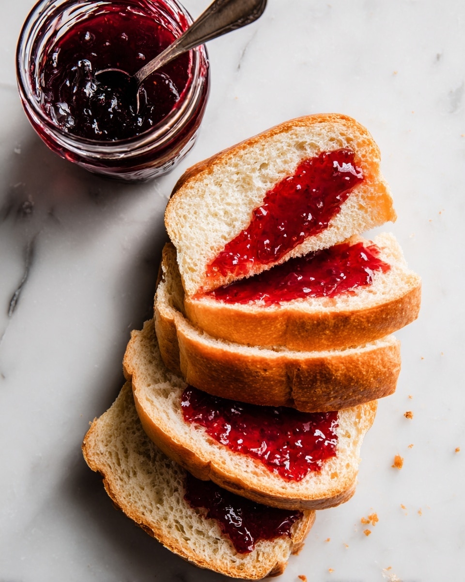 The image shows a sliced loaf of soft brown bread with a shiny crust, each slice slightly separated and spread with dark red jam in between the layers. The bread is placed on a white marbled surface, and to the left of the bread, there is an open glass jar filled with the same dark red jam with a metal spoon inside it. The overall texture of the bread looks fluffy and tender, and the jam is glossy and thick, lightly oozing between the slices. photo taken with an iphone --ar 4:5 --v 7