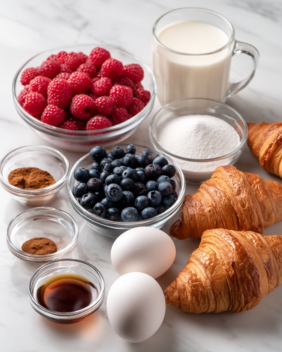 The image shows several glass bowls arranged on a white marbled surface. One bowl contains fresh red raspberries, another has dark purple blueberries, and a third holds white sugar. There is a glass mug filled with white milk near the back, next to a small glass bowl with brown cinnamon powder and a small bowl with a dark brown liquid, likely vanilla extract. Three white eggs rest on the marble surface near two golden brown croissants. The overall setting is clean and bright, with a natural light source highlighting the colors and textures of the ingredients. photo taken with an iphone --ar 4:5 --v 7