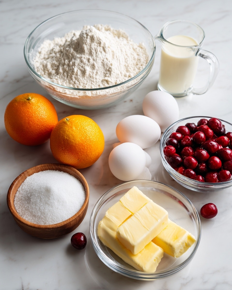 The image shows ingredients placed on a white marbled surface, including a large glass bowl filled with white flour toward the left center, a clear glass measuring cup with milk behind the flour, a whole bright orange placed beside two white eggs near the center, a small white bowl with white salt and a wooden bowl with a pinch of salt in front of the orange, a clear bowl with several yellow butter slices toward the bottom right, a red bowl filled with white sugar behind the butter, and another clear glass measuring cup filled with fresh red cranberries on the far right side. Photo taken with an iphone --ar 4:5 --v 7