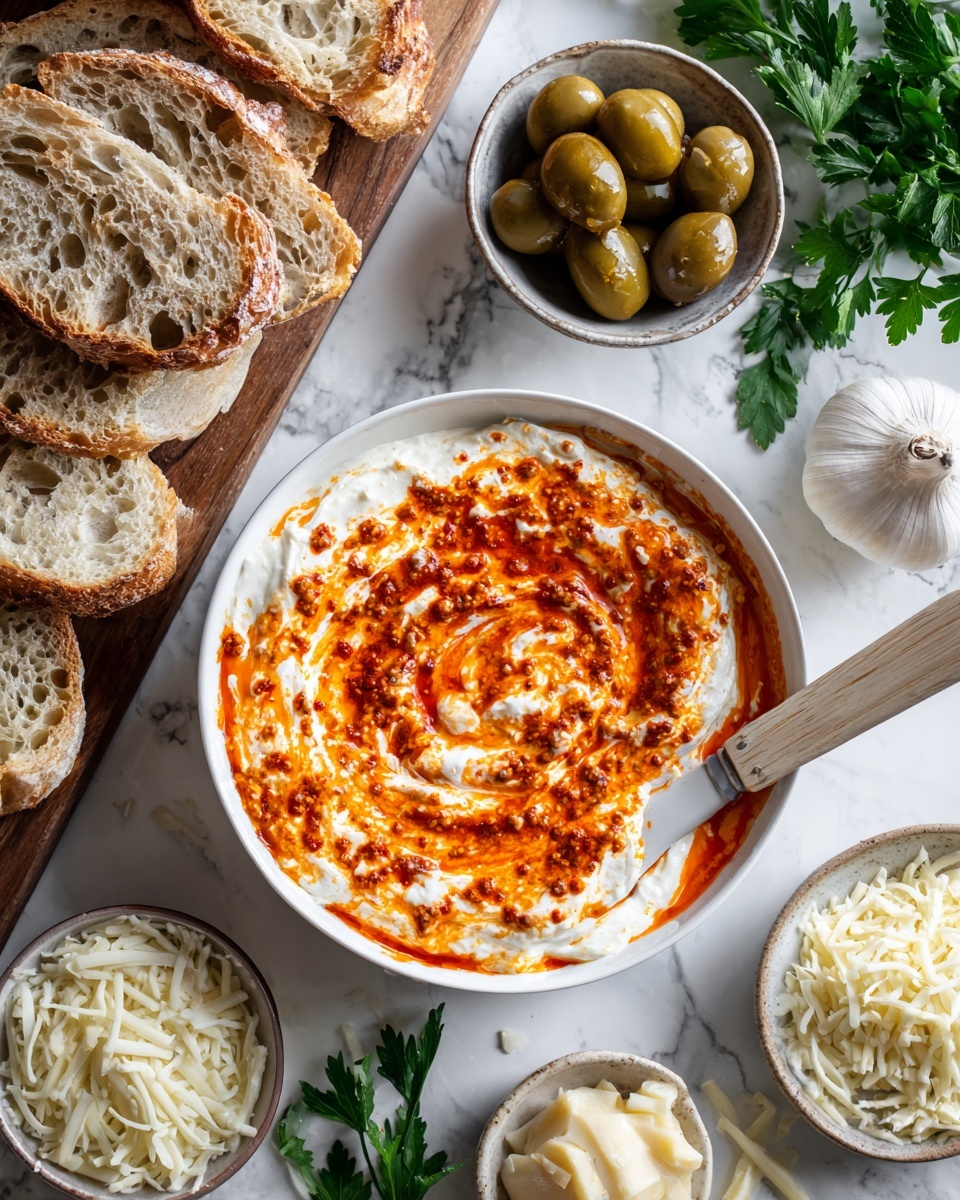 The image shows a white bowl with two mixed layers: the bottom layer is creamy white, and the top layer is a bright orange-red sauce swirled through the white base, giving a textured, marbled look with spices visible. The bowl has a wooden-handled white spatula resting inside, angled to the right. Surrounding the bowl on a white marbled surface are fresh green parsley leaves in the top right corner, a cluster of green and dark olives in a small bowl above, a head of white garlic to the right, and two small bowls at the bottom filled with shredded white cheese and shredded pale yellow cheese. To the left, there are rustic slices of crusty white bread with a textured golden-brown crust. The photo taken with an iphone --ar 4:5 --v 7