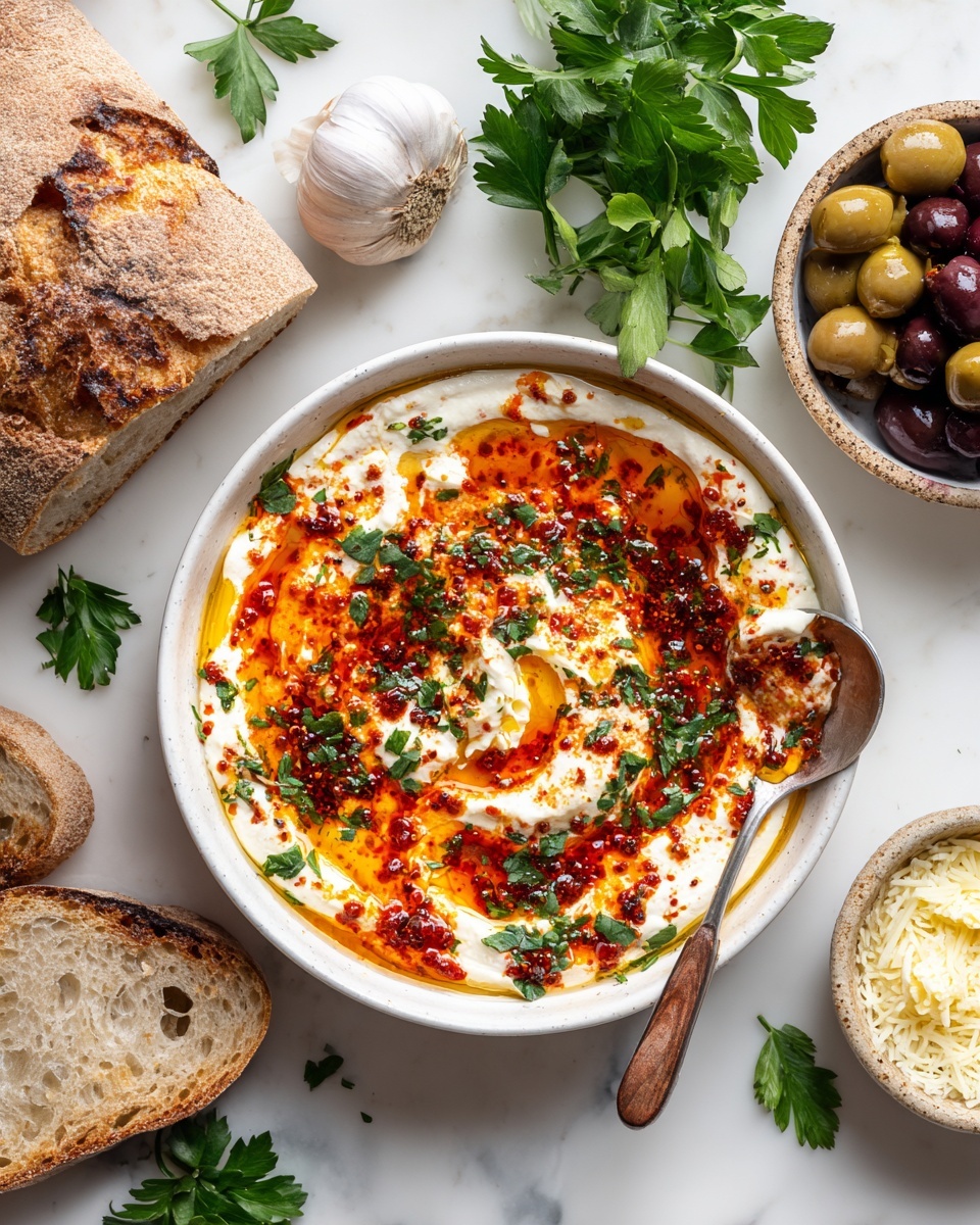The image shows a white bowl with a creamy mixture swirled with bright red chili oil, creating a marbled effect of white and fiery orange-red colors with a slightly textured surface. The bowl contains a white and brown spoon resting on the right side. Surrounding the bowl, there is a large slice of rustic bread with a golden crust on the left, a small bowl of mixed green and dark purple olives above the main bowl, fresh green parsley leaves on the top right side, a whole garlic bulb on the bottom right, a bowl of grated white cheese at the bottom center, and a smaller bowl with shredded pale yellow cheese on the right side. The entire setup is placed on a white marbled surface. Photo taken with an iphone --ar 4:5 --v 7