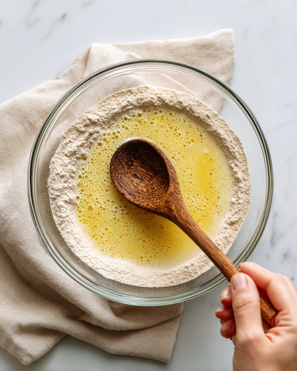 A clear glass bowl sits on a white marbled surface with a light beige cloth underneath. Inside the bowl, three layers of ingredients are visible: the bottom layer is light beige flour, the middle layer is a frothy, creamy mixture with a bubbly texture, and the top layer is a bright yellow liquid. A wooden spoon with a dark, slightly worn handle is partially submerged in the bowl, stirring the mixture, held by a woman's hand at the bottom right corner of the image. Photo taken with an iphone --ar 4:5 --v 7