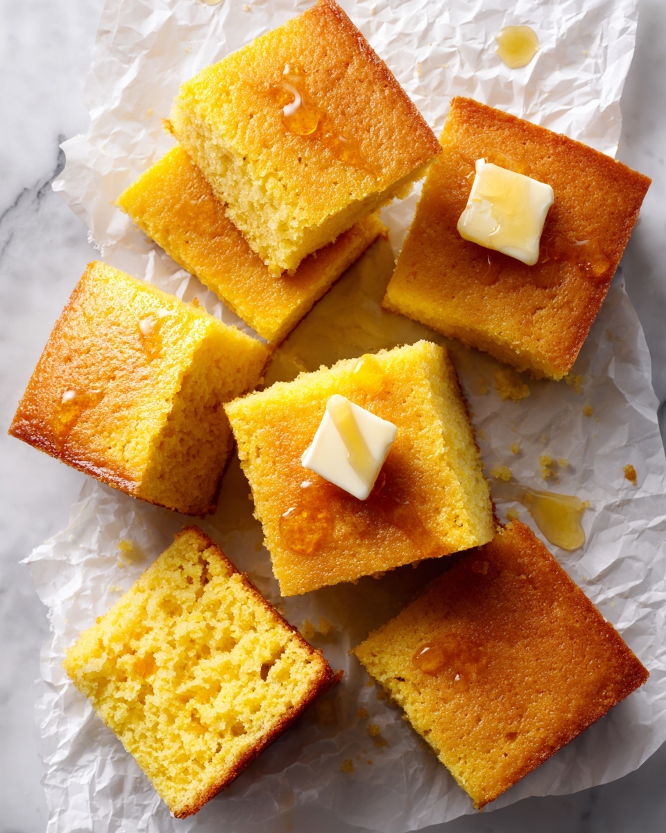 Seven square pieces of golden-yellow cornbread sit on crumpled white parchment paper, arranged loosely across the surface. Each piece shows a soft, crumbly texture, with lightly browned edges indicating a baked crust. One piece is topped with a small square of pale yellow butter partially melted and covered with a light drizzle of honey. The background is a white marbled texture beneath the parchment paper. Photo taken with an iphone --ar 4:5 --v 7