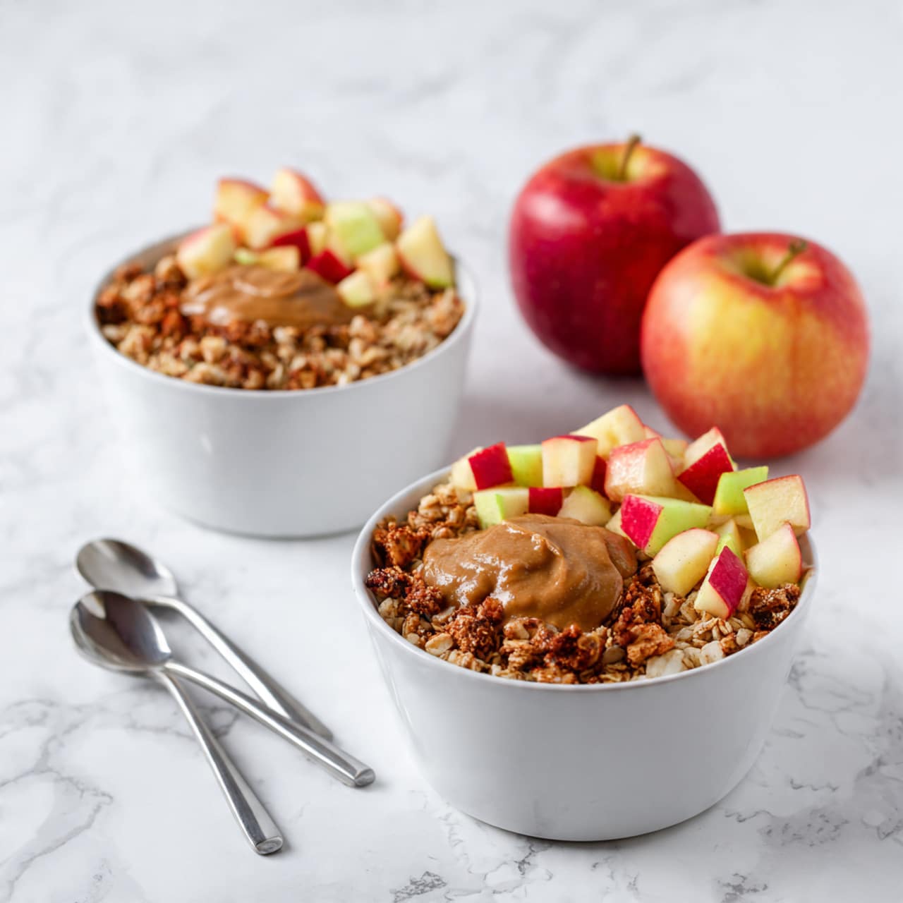 The image shows two white bowls filled with layers of a healthy breakfast dish placed on a white marbled surface. Each bowl is filled with a base layer of granola with visible chunks and a crunchy texture. On top of the granola, there are diced red and green apples adding a fresh, colorful look. The top layer features a spoonful of smooth, brown nut butter drizzled generously over the apples and granola. Two silver spoons rest above the bowls, and two whole red apples with some yellow tones are placed around them, adding extra color to the clean white marbled background. photo taken with an iphone --ar 4:5 --v 7