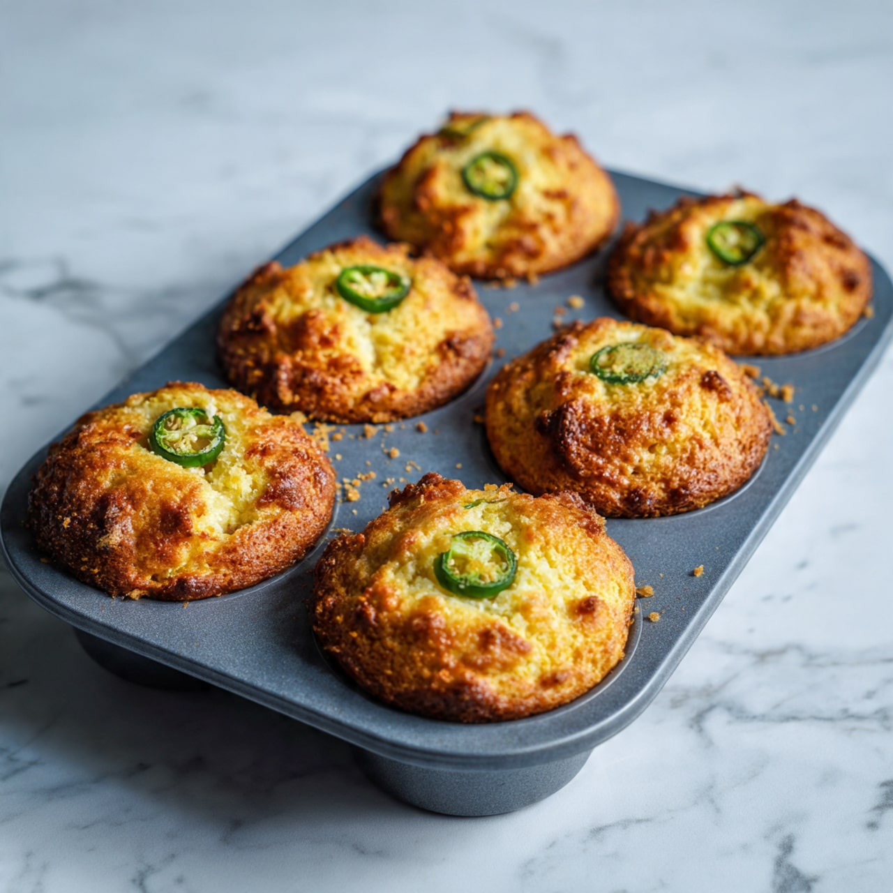 The image shows five golden brown muffins sitting in a grey muffin tray with rounded edges. Each muffin has a slightly dome-shaped top with a rough texture, showing browning and crispy bits on the surface. Thin green slices of jalapeño are embedded on top of each muffin, adding contrast to the yellow and brown baked surface. Some crumbs are scattered around the tray, suggesting fresh baking. The background features a white marbled texture that gives an elegant look. Photo taken with an iphone --ar 4:5 --v 7