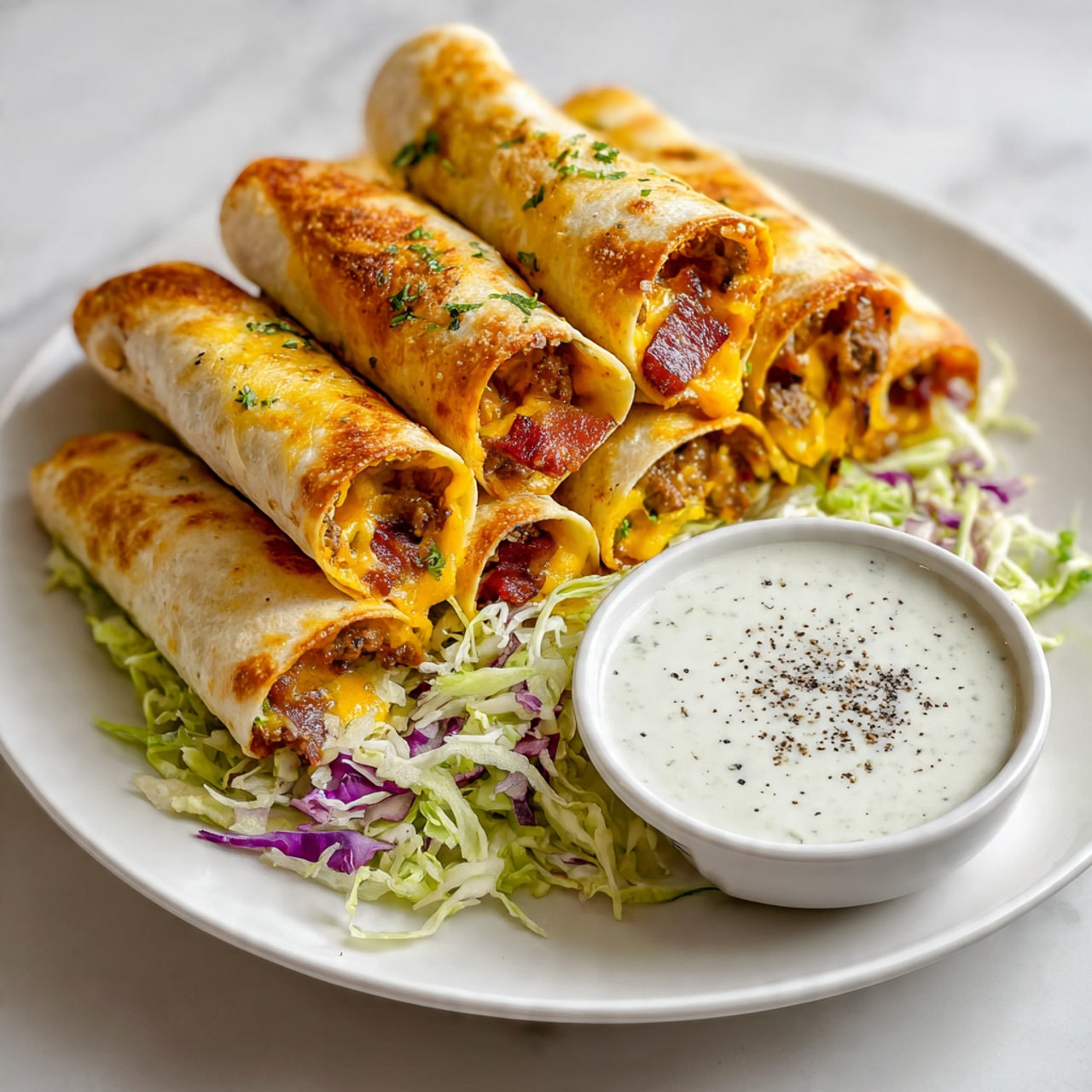 There are six rolled tortillas stacked close together on a white plate, each tortilla showing a golden-brown toasted layer on the outside. The rolls are filled with melted yellow cheese and small pieces of reddish meat. Underneath and around the tortillas is a bed of shredded light green and purple cabbage. On the right side of the plate is a small white bowl filled with a smooth, creamy white sauce sprinkled with black pepper. The entire scene sits on a white marbled surface. photo taken with an iphone --ar 4:5 --v 7