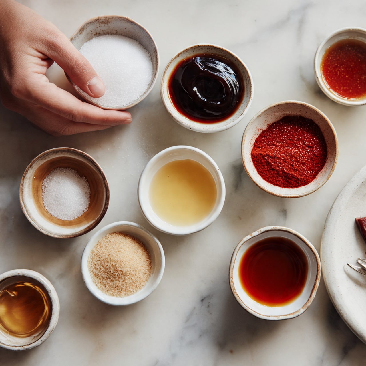 The image shows several small white bowls arranged on a white marbled surface. Each bowl contains a different ingredient: there is a bowl with white sugar, a bowl with light brown sugar, one with a thick dark sauce, a bowl of bright red powder, another bowl with a pale yellow powder, a bowl with a small amount of light salt, another with a reddish sauce, and a bowl of a clear liquid. The bowls are spread out neatly in a casual pattern, and a woman's hand is reaching toward one of the bowls. The lighting is soft and natural. Photo taken with an iphone --ar 4:5 --v 7